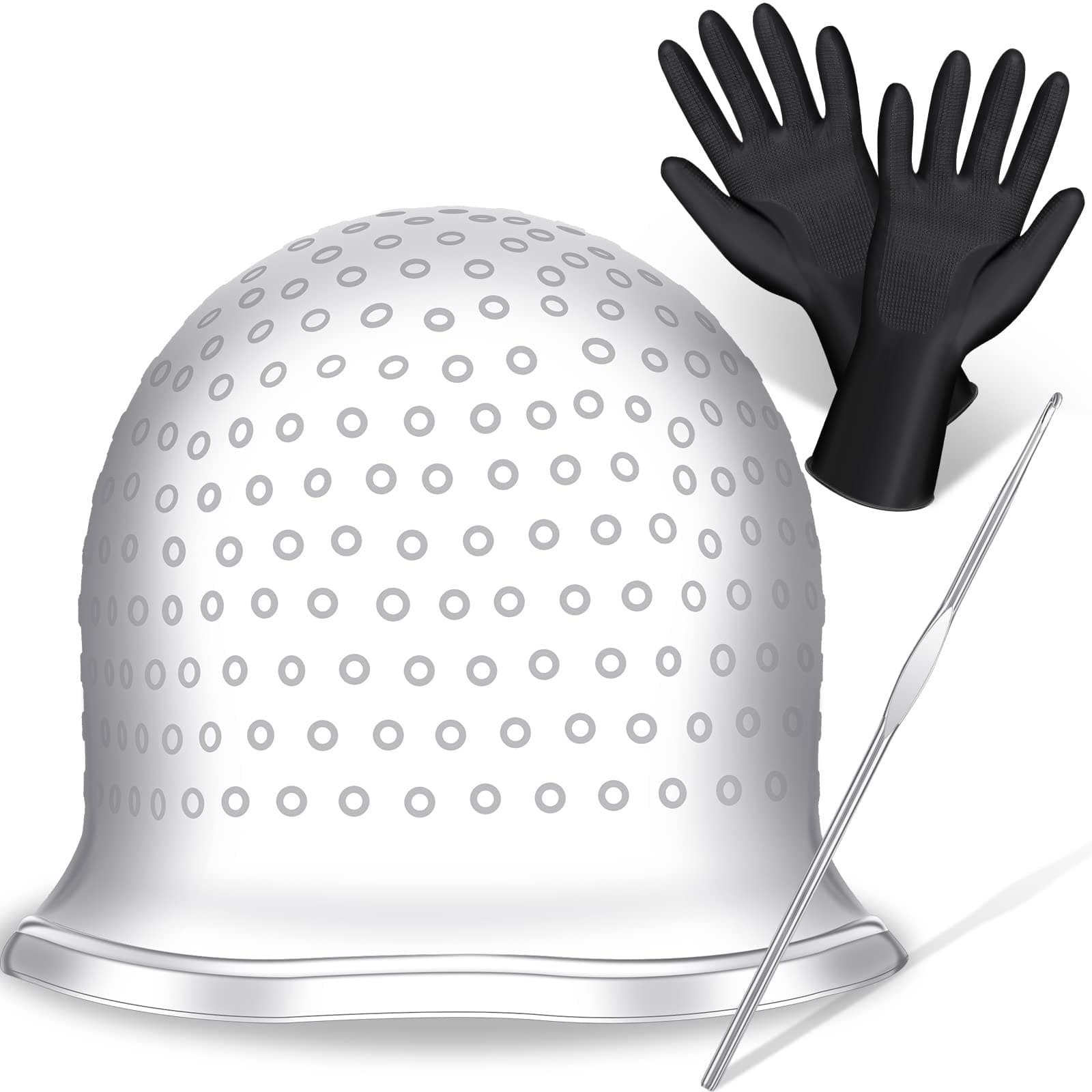 Silicone Highlight Cap with Hook and Gloves Hair Highlighting Kit Hair Dye Coloring Cap Reusable Pull Through Frosting Accessories for Salon Home Hairdressing