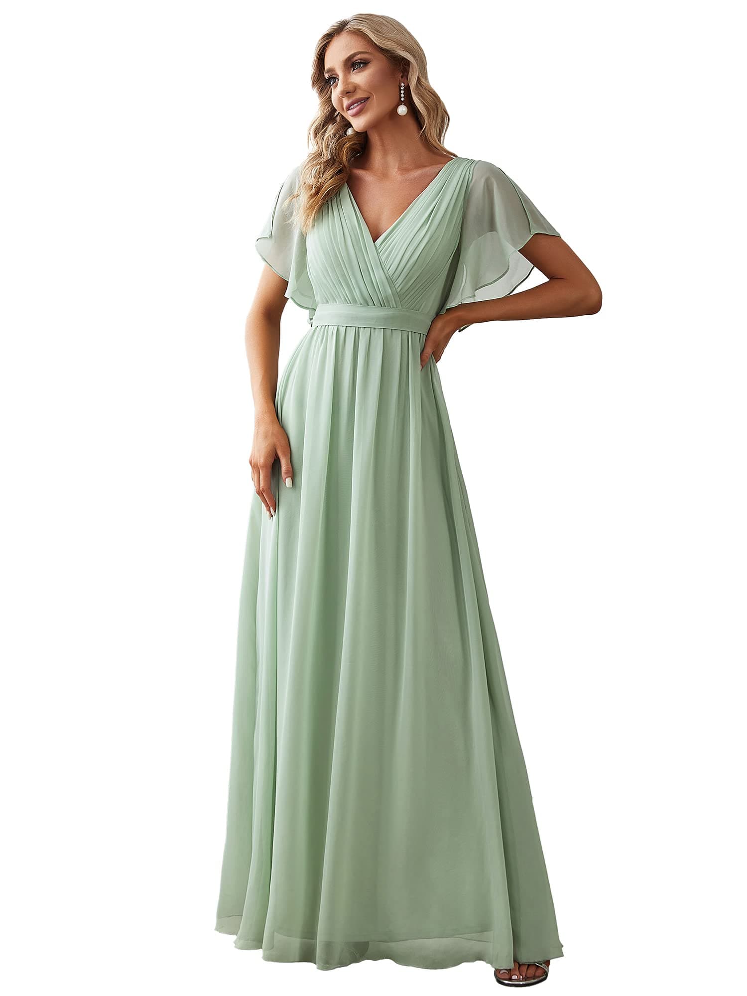 Women's Bridesmaid Dress V-Neck Ruffle Sleeves Ruched Bust Floor Length Chiffon Formal Dresses 0164A