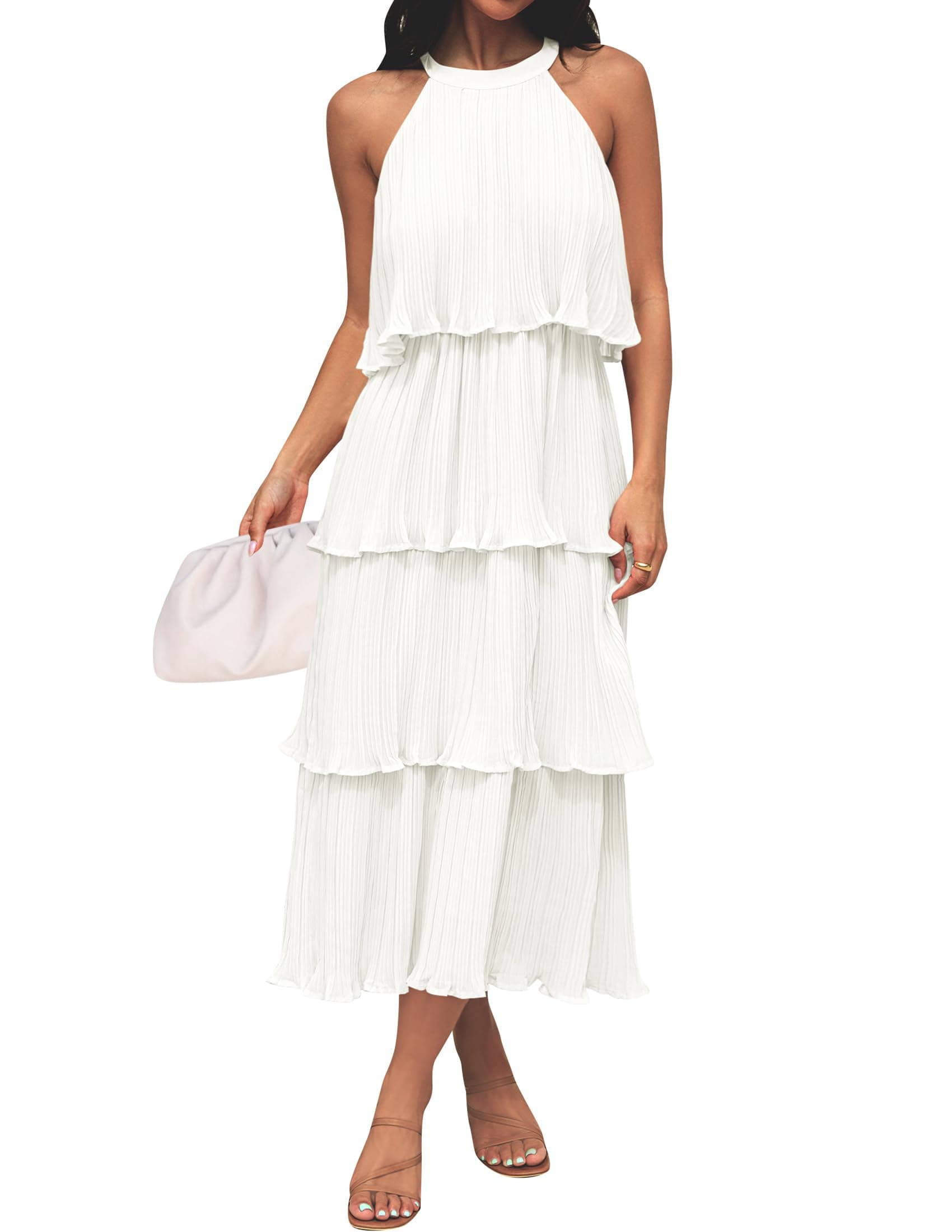 ZESICA Women's 2026 Summer Sleeveless Halter Neck Ruffle Tiered Layed Chiffon Flowy Swing Long Midi Dress