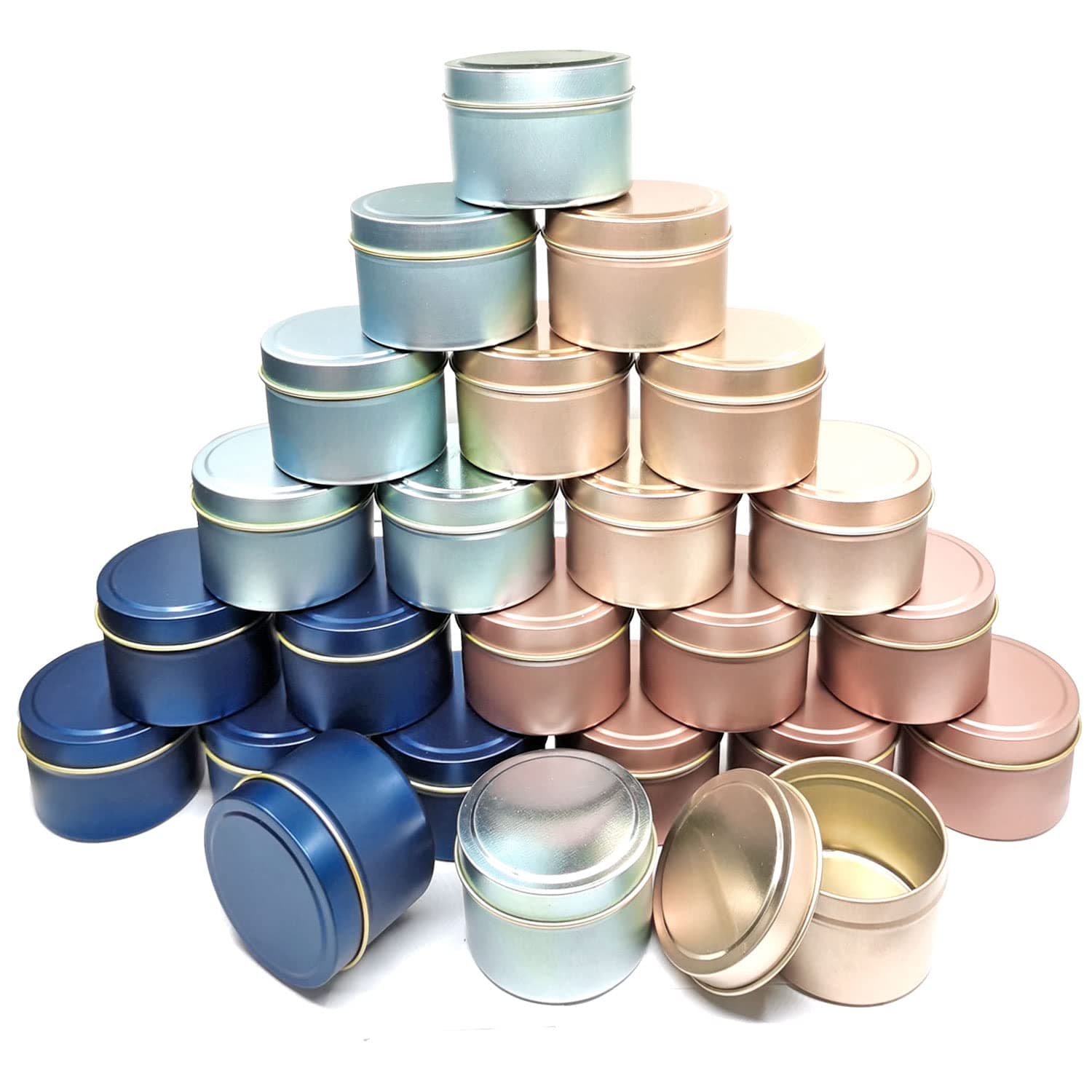 Unixing 24Pcs 4oz Candle Tins for DIY Candle, Metal Candle Container Tins for Candle Making Dark Blue Light Blue Champagne Rose Gold Container Tins