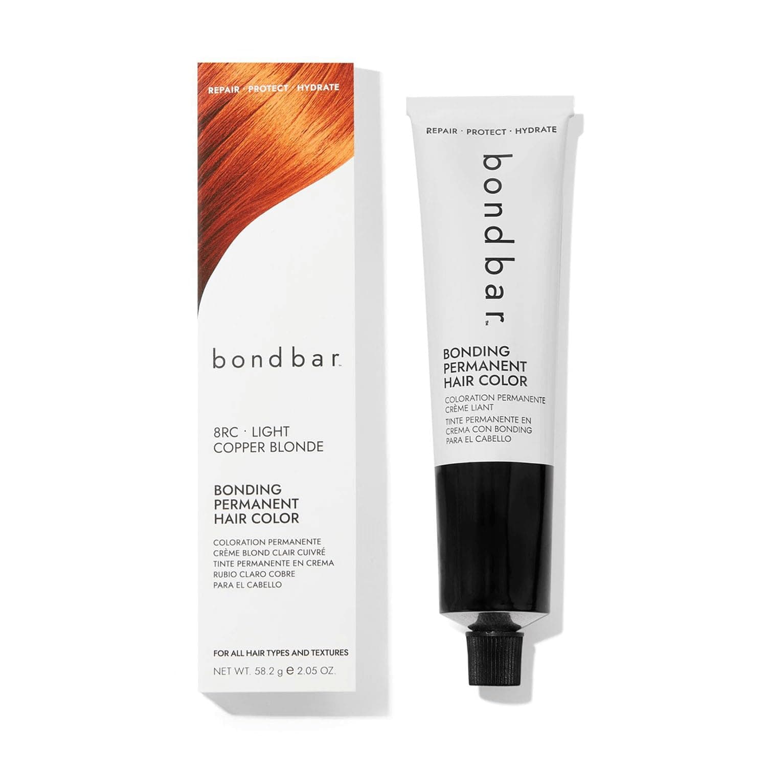 Bondbar 8RC Light Copper Blonde Bonding Permanent Creme Hair Color, Repairing hair dye for all hair types, Vegan, Built in Bonding, 2.05 Oz