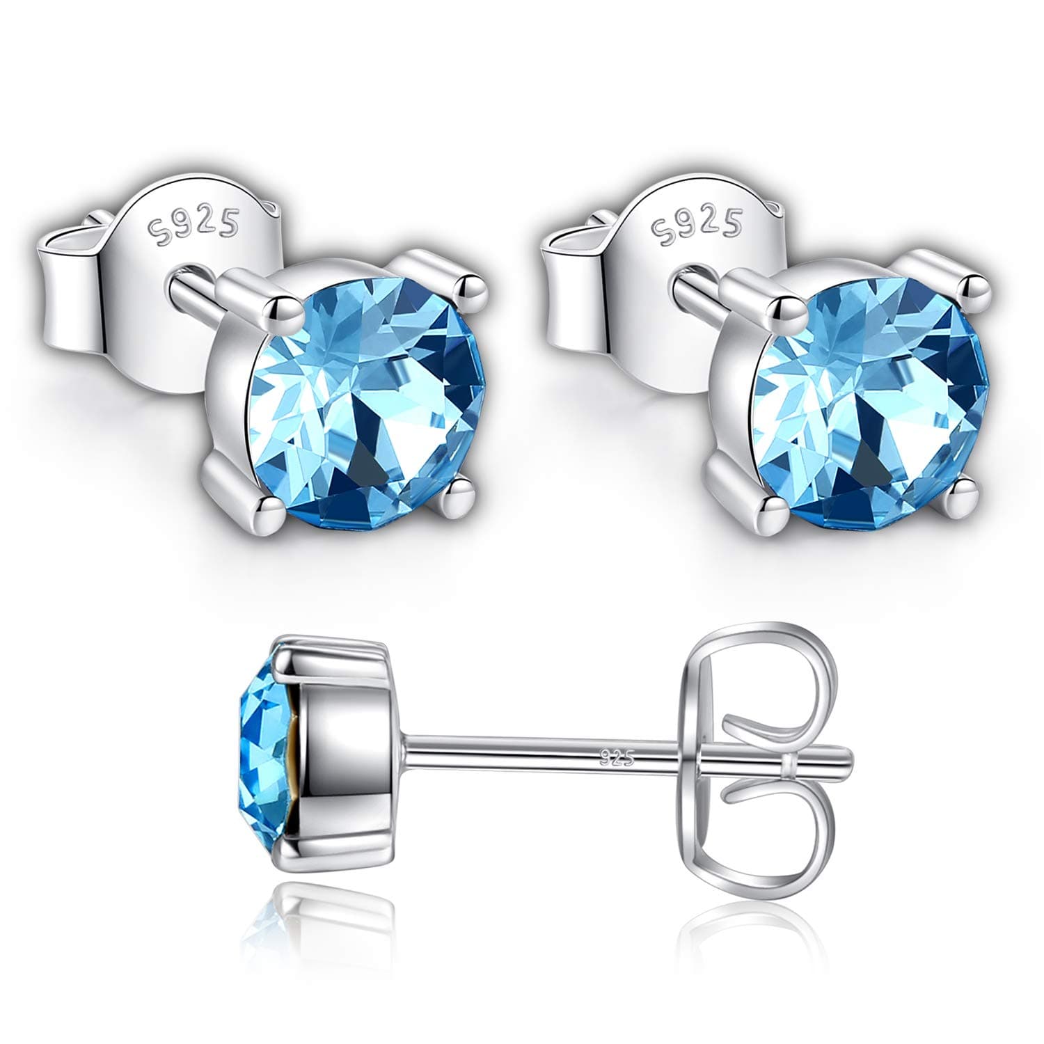 Swarovski Stud Earrings for Women - 925 Sterling Silver Crystal Earrings - Birthstone Earrings Studs for Girls - Aquamarine Crystal From Swarovski By GoSparkling Allergy-Free Passed SGS Inspection