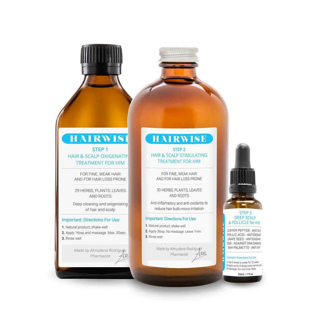 100% Medicinal Plants Based Hair Regrowth Treatment for Him - Step 1 Detox, Step 2 Hair And Scalp Stimulating, 3 Deep Scalp & Follicle Treatment | HairWise only Hand Made Products.
