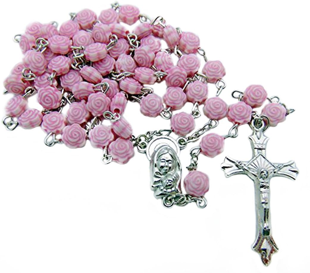 CB Catholic Mothers Day Rosary with Pink Rose Bud Shaped Beads 22 Inches Long