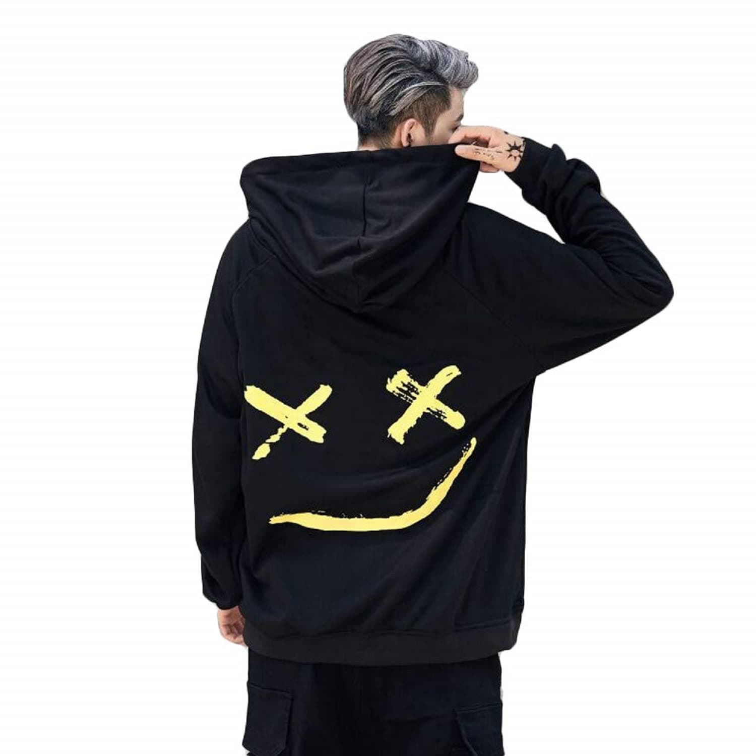 Men´s Hip Hop Hoodies Oversized Contrast Color Smile Face Fashion Tops Jacket Long Sleeve Patchwork Sports Hoodie Streetwear