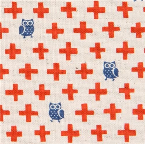 Natural color cute dark blue owl orange cross Canvas fabric Kokka Japan (per 0.5 yard unit)
