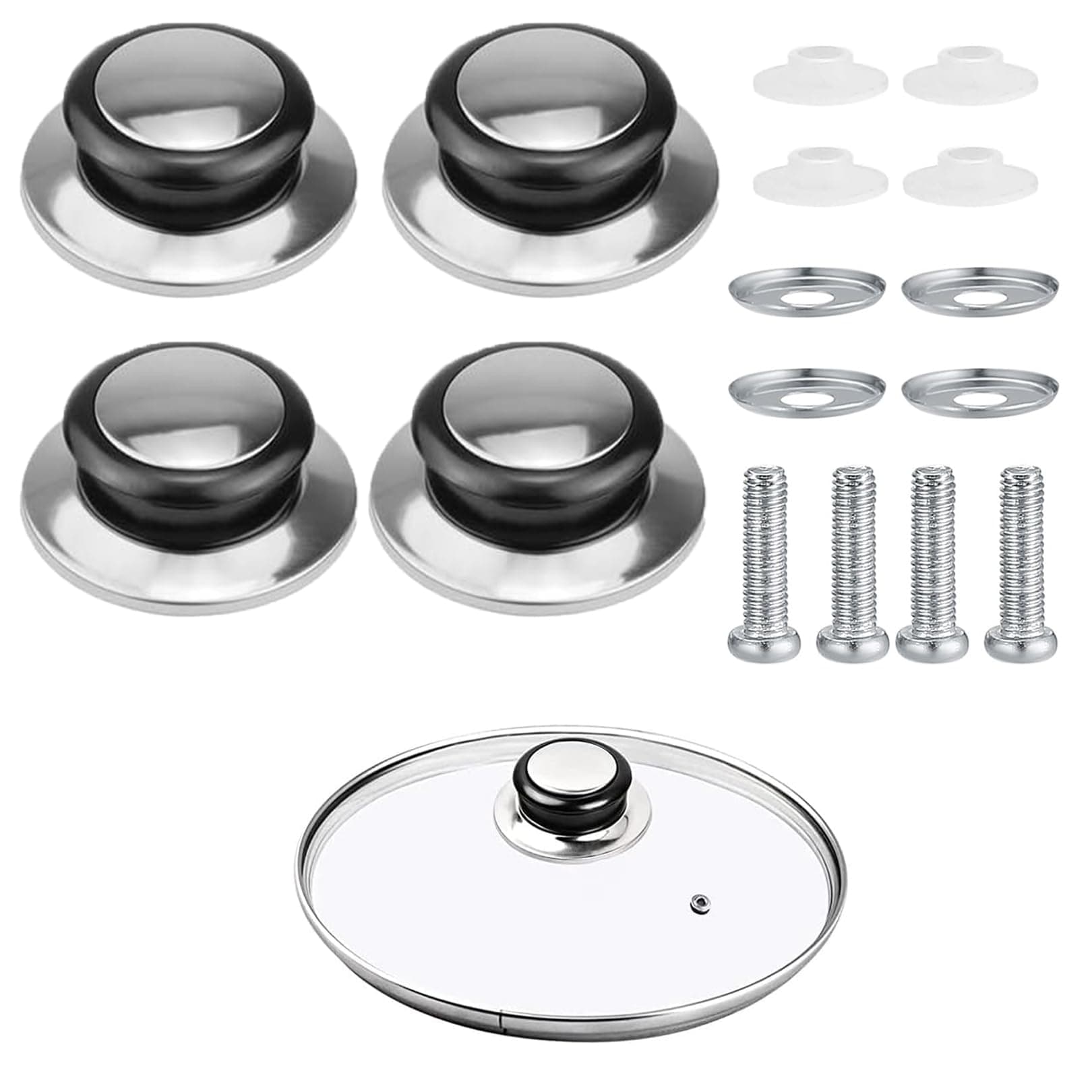 4 Pcs Stainless Steel Pot Lid Knobs - Heat-Resistant Replacement Cooking Pan Cover Handles With Screws and Gaskets for Frying Pan, Saucepan