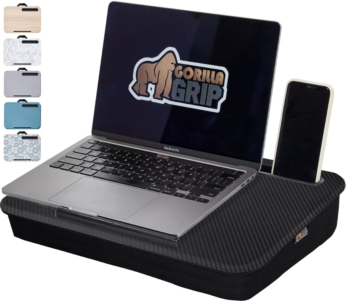 Laptop Lap Desk with Phone Holder, Pillow Cushion Desks Fit Laptops up to 15.6", Tray Ledge Keep Computers in Place, Portable Travel Workstation Essentials for Home, Dorm Room, Black