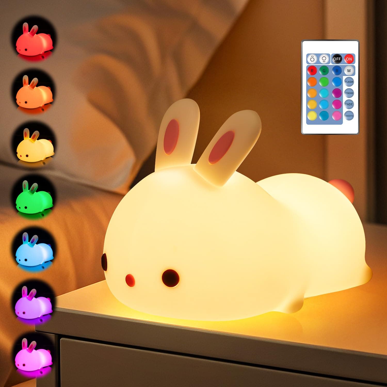 Mubarek Night Light for Kids,16 Colors+Remote Cute Night Light for Kids,Dimmable+Tap Control +Rechargeable Baby NightLight for Nursery,Gifts Bunny Cute Stuff Baby Lamp Kawaii Room Decor