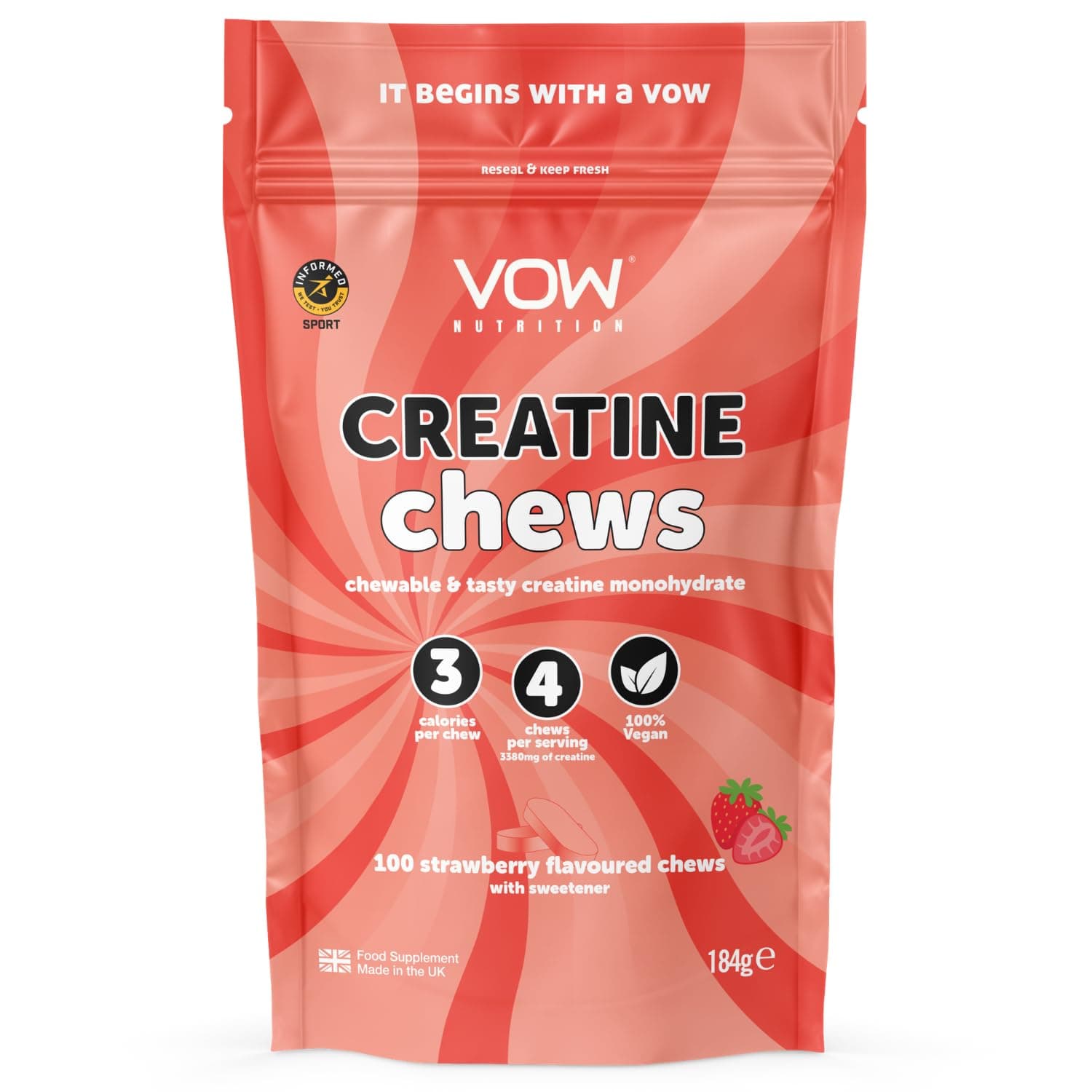 VOW Nutrition Creatine Chews,100 Strawberry Flavoured Chews, Creatine Monohydrate, Convenient & Tasty Chewable Creatine Informed Sports Approved (Strawberry)