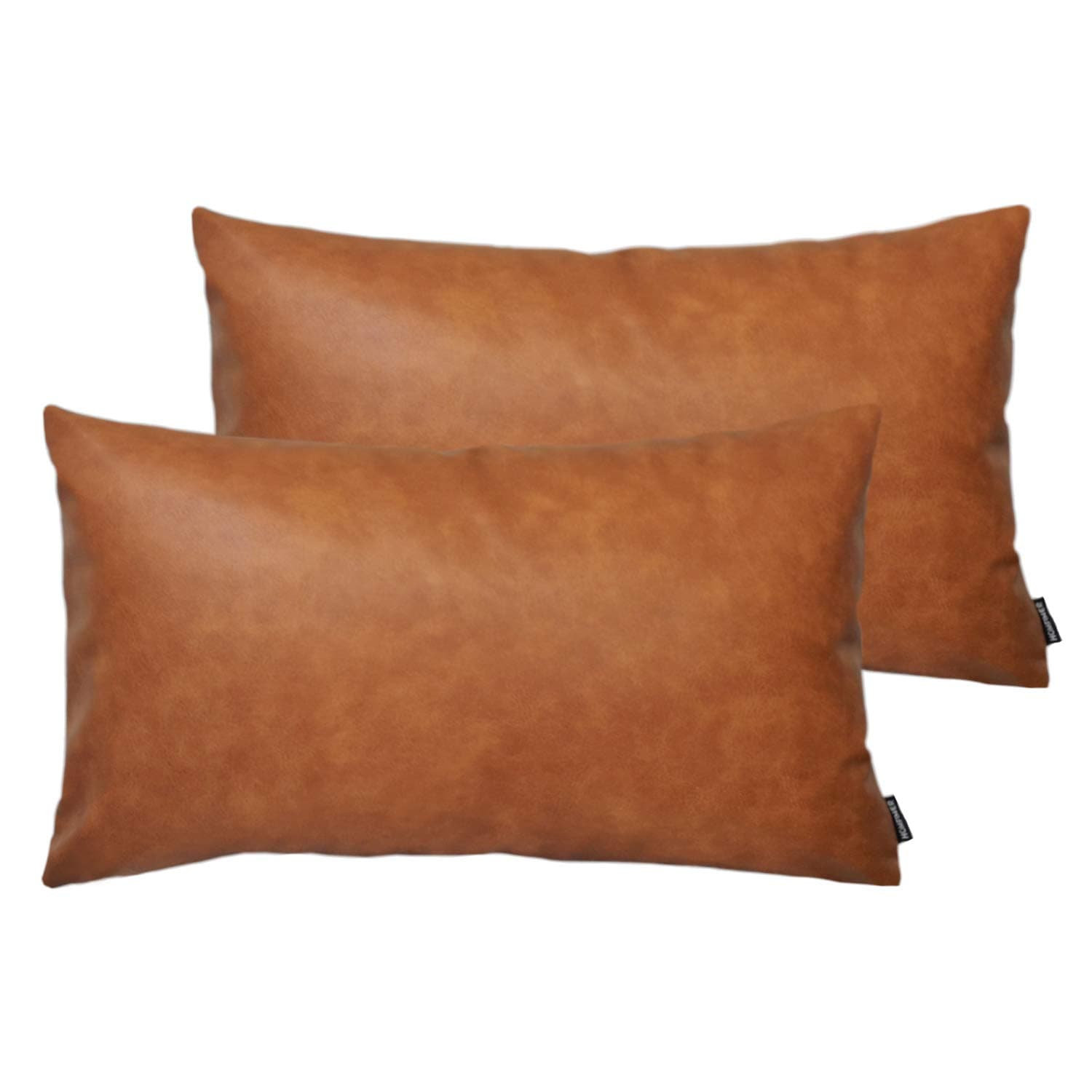Set of 2 Thick Faux Leather Lumbar Throw Pillow Covers 12x20, Modern Farmhouse Boho Small Long Accent Scandinavian Decor Rectangle Decorative Cushion Cases for Couch Bed Sofa Cognac Brown