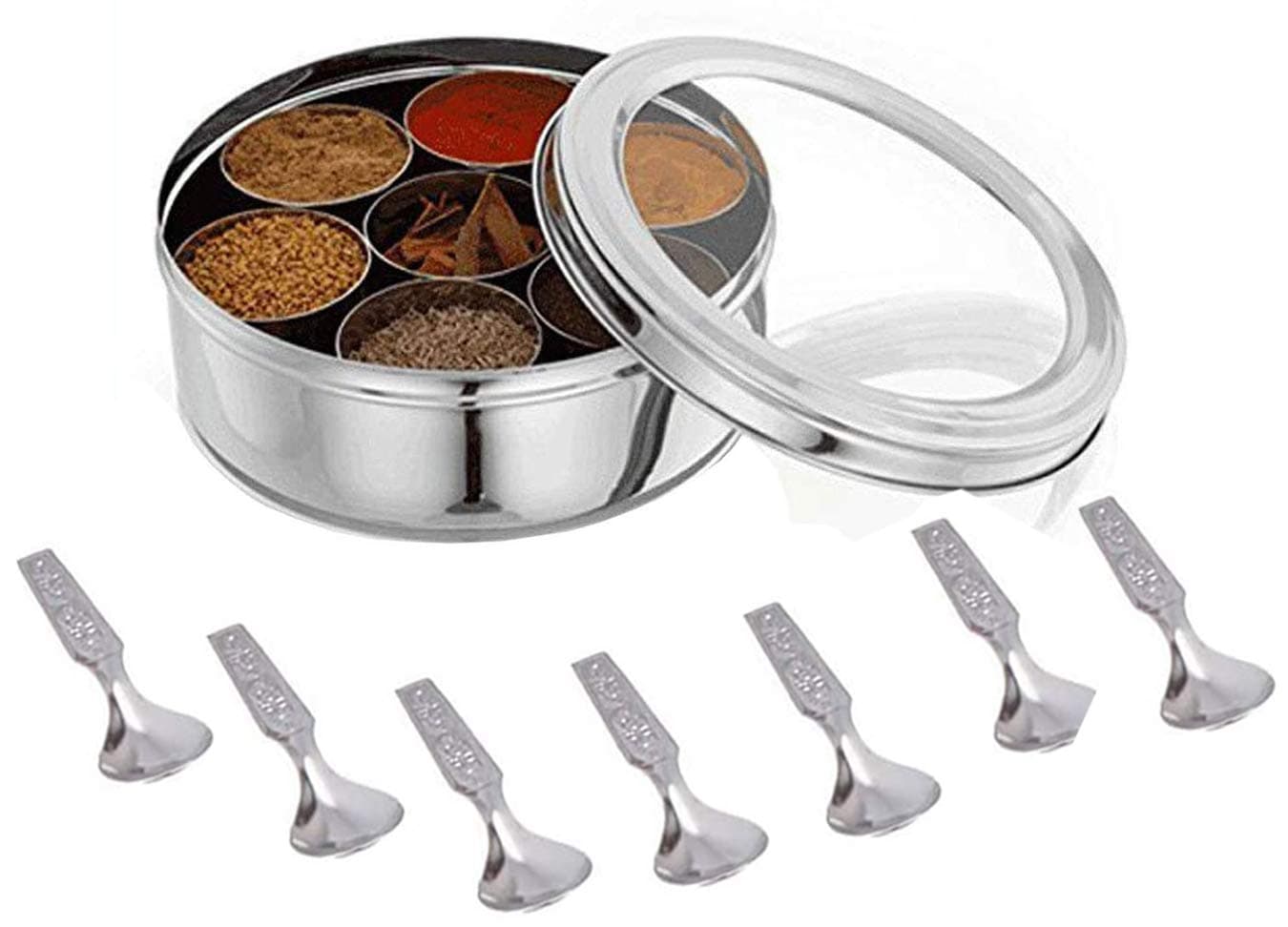 Transparent masala box,Stainless Steel Masala Box,masala box container,masala box,spices container box,spices box,spices storage box,spices storage container,Indian Masala box,spice box set,