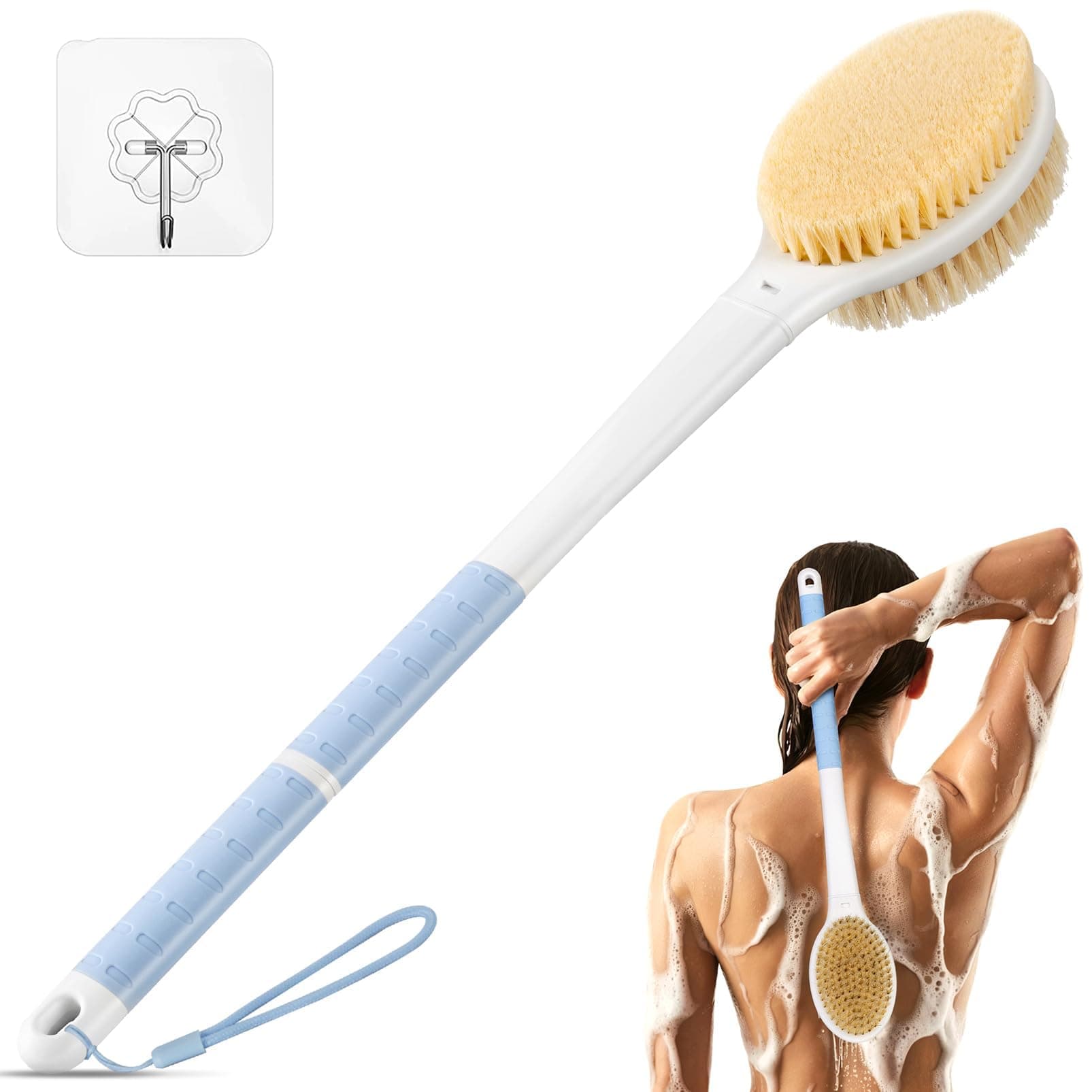 Back Scrubber Body Shower Brush: Anti Slip Long Handle Bath Brush with Stiff and Soft Bristles - Showering Exfoliator Wet or Dry Brushing for Women, Men, Elderly (Blue)
