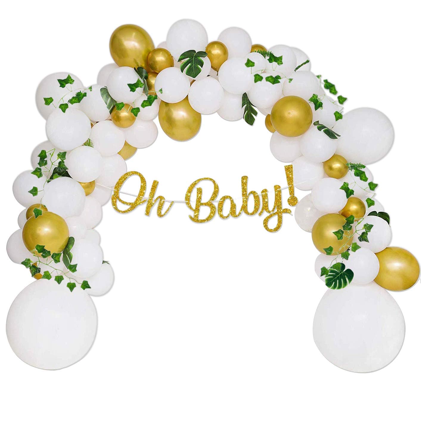 Oh Baby Banner,Baby Shower Decorations Neutral with Balloon Garland,Boho Ivy Leaf Garland Vines Decoration,Fake Greenery Decor for Jungle, Woodland Backdrop Theme