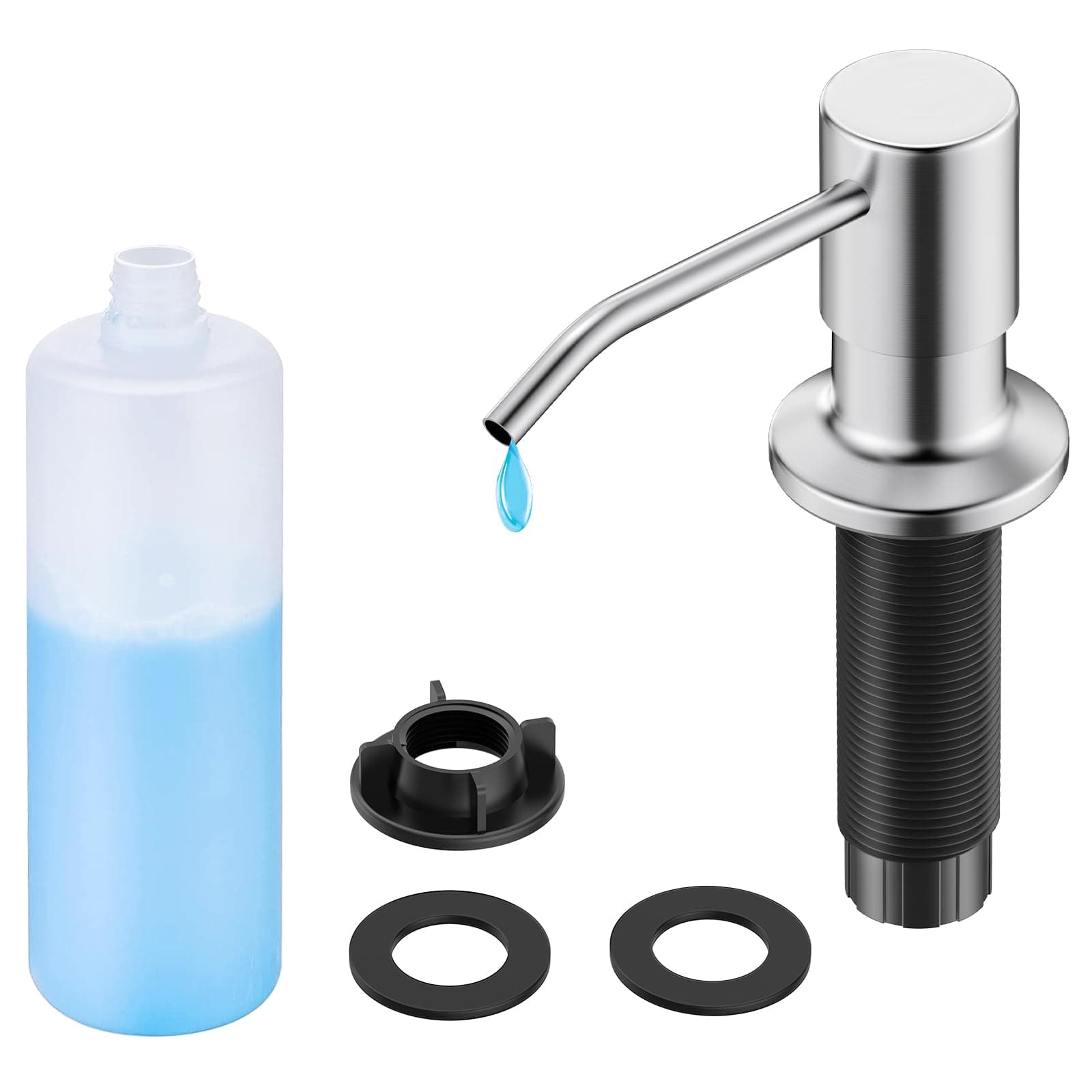 FORIOUS Brushed Nickel Soap Dispenser for Kitchen Sink with 500ML/18OZ Bottle, Lotion Dispenser Built in Refill from The Top for Countertop Sink