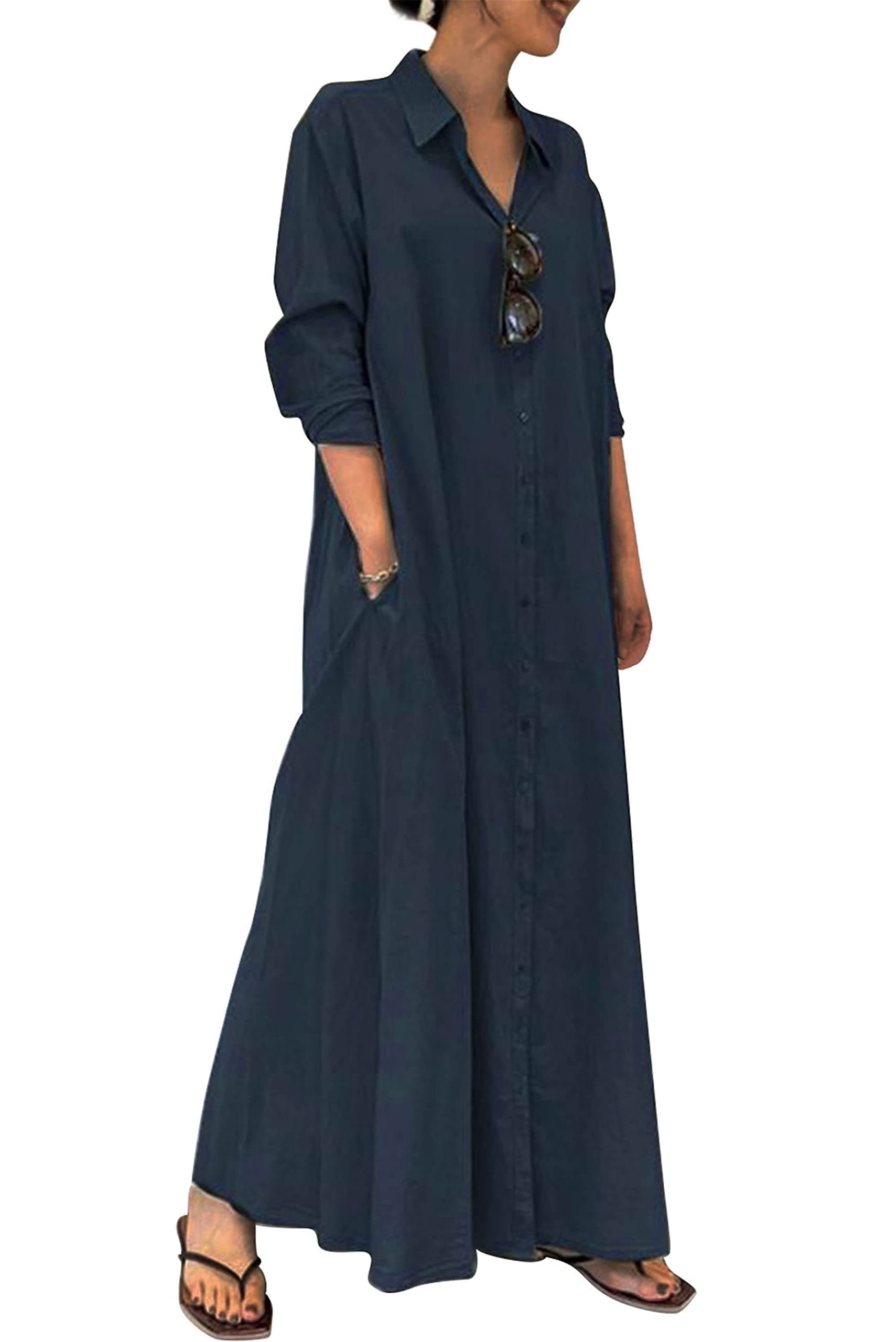 Womens Cotton Shirt Dress Long Sleeve Button Down Front Plus Size Poplin Maxi Shirts Dresses with Pockets, Popular Sea Blue, L