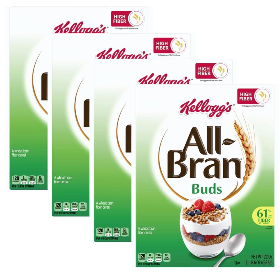 All Bran Buds Cereal - High Fiber, 22 oz, Pack of 4 - Healthy All Bran Cereal, Nourishing All Bran Buds Breakfast Option, Bundled with The Sweet Lyfe Fridge Magnet