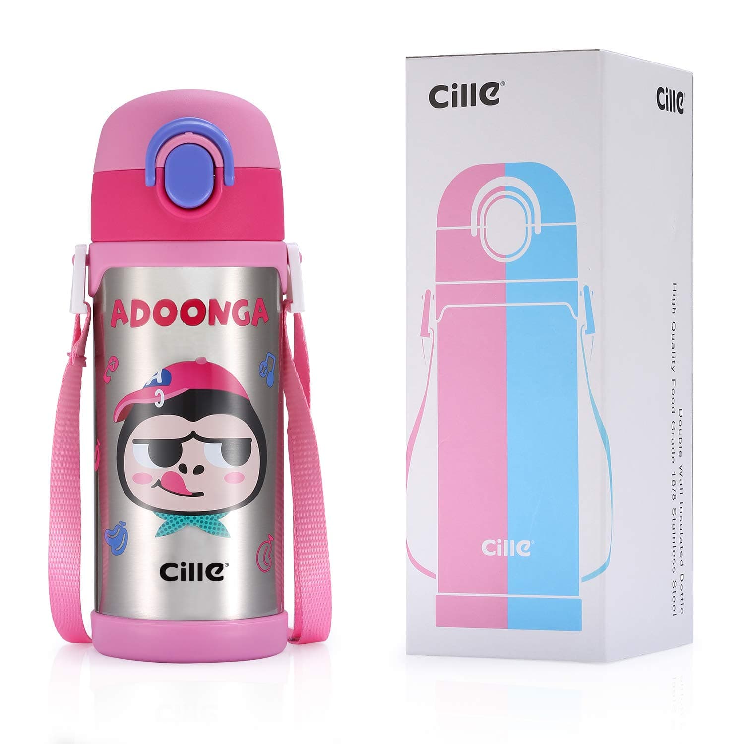Cille 16 oz Kids Vacuum Insulated Water Bottles with Straw and Shoulder Strap, Girls & Boys Gifts, Leak Proof Stainless Steel Metal Double Walled Water Bottle for Toddler