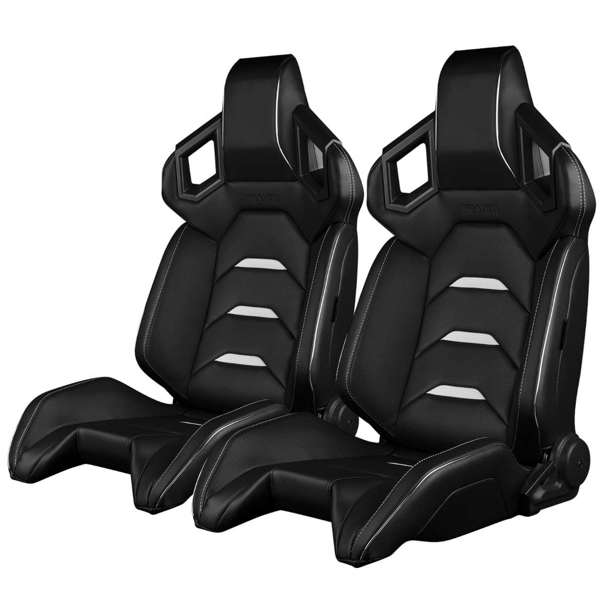 BRAUM - Pair of Black Leatherette ALPHA-X Series Racing Seats With White Stitching and Piping (BRR5-BKWW)