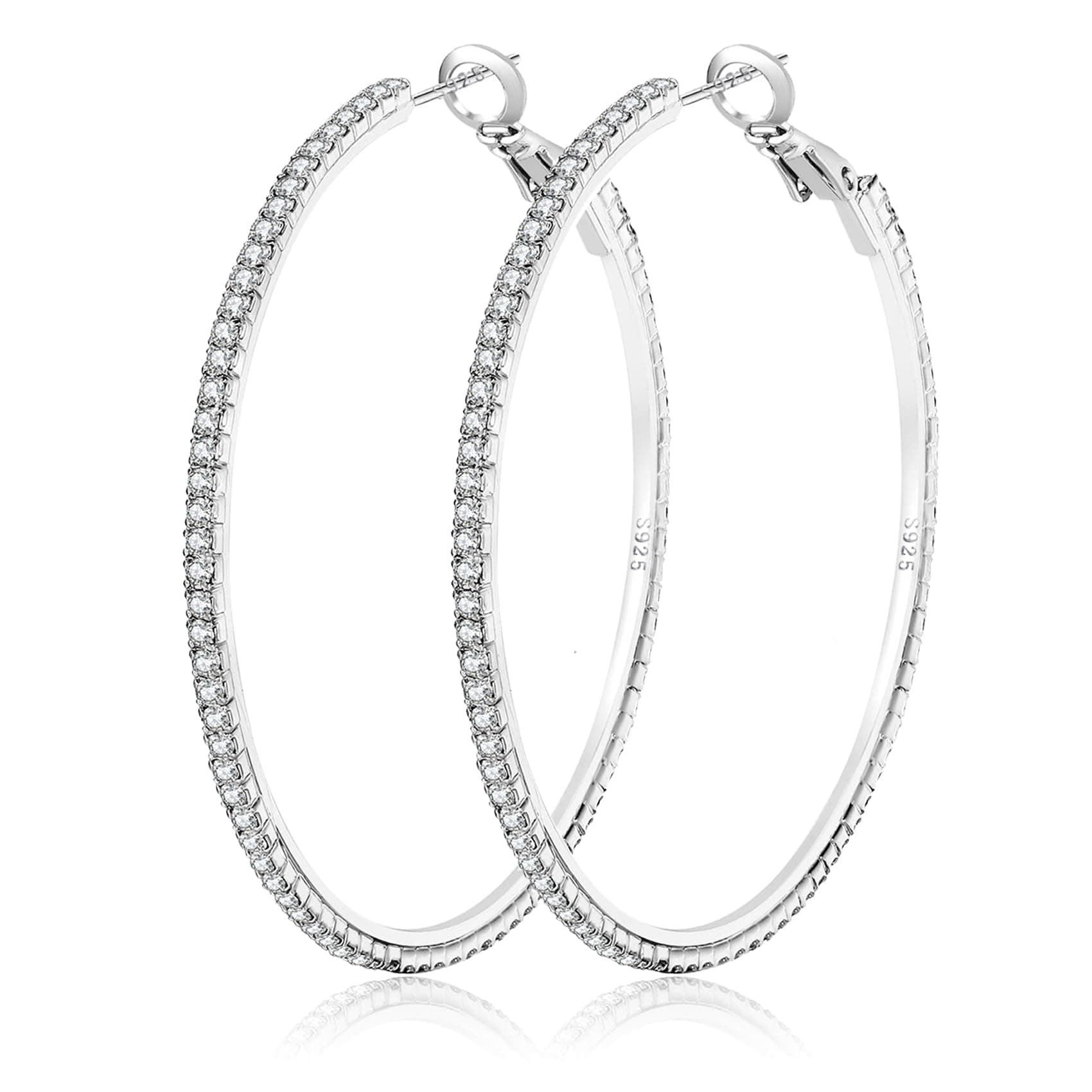 925 Sterling Silver Earrings Large Rhinestone Hoop Earrings Big Cubic Zirconia Hoop Earrings Thin Rhinestones Round Hoop Earrings for Women 20/30/40/50/60/70mm Sparkly Hoops With Crystals for Womens