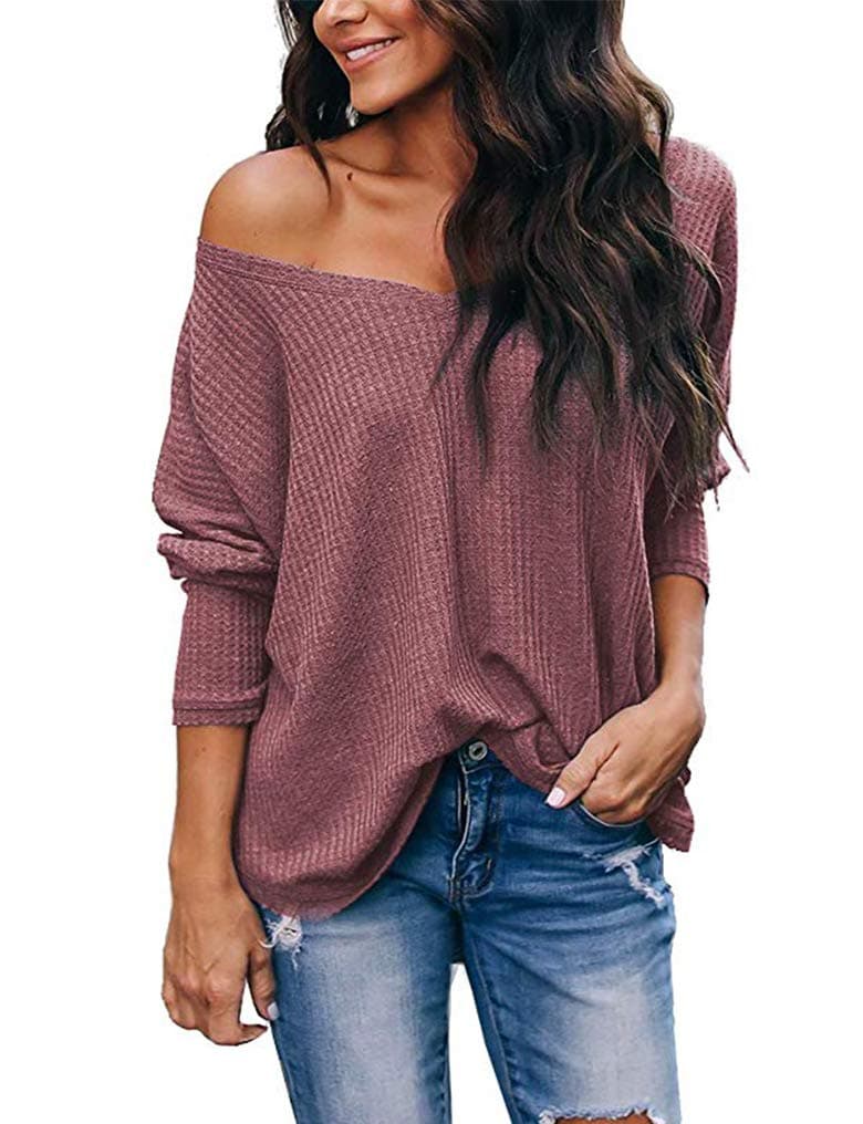 LuckyMore Womens Casual Off The Shoulder Tops V Neck Waffle Knit Shirt Batwing Sleeve Loose Pullover Sweaters