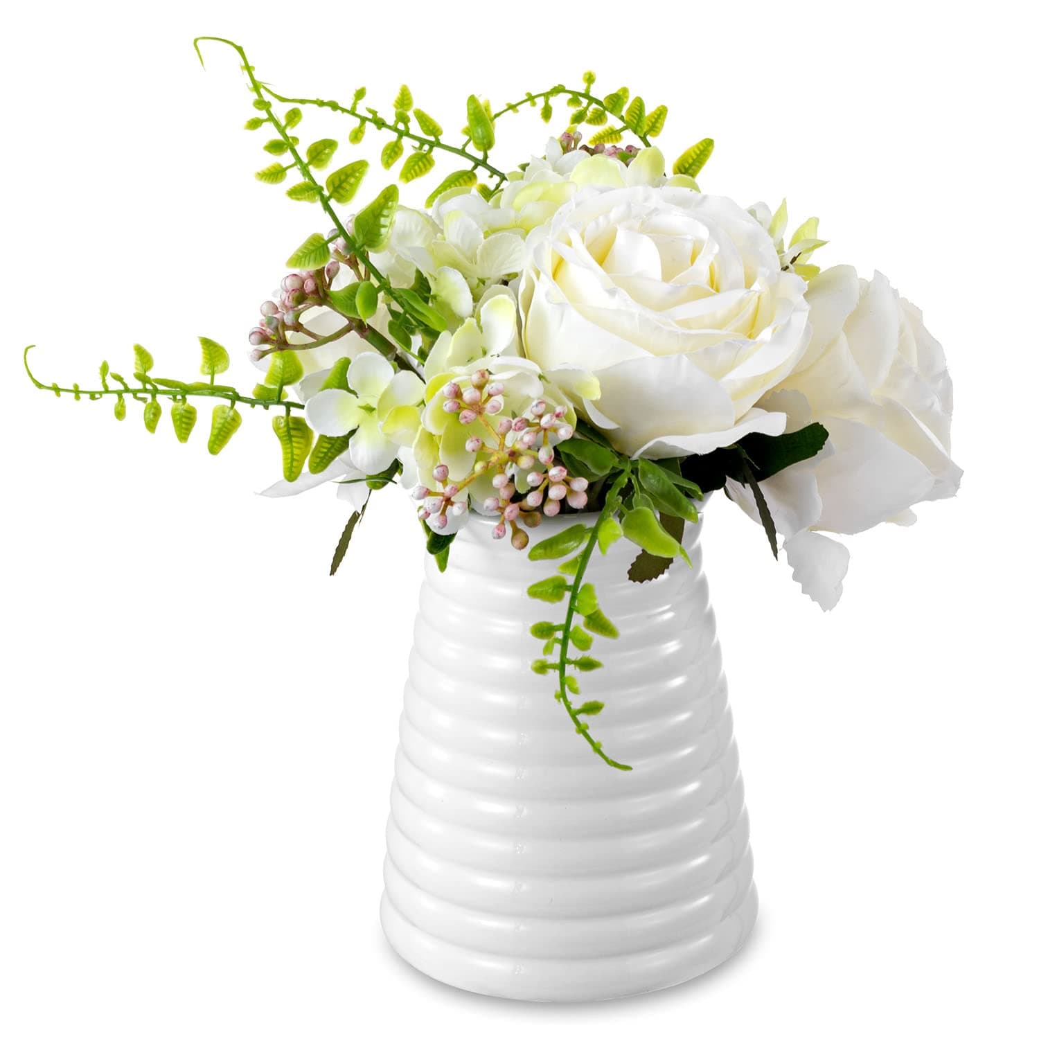 MyGift Modern White Ceramic Flower Vase, Ribbed Design Tabletop Small Vase Decor