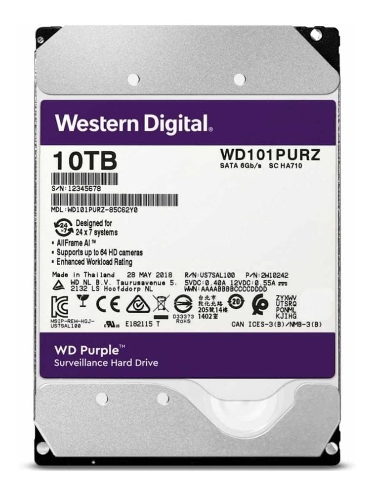 WD Purple 10TB Surveillance Hard Disk Drive - 5400 RPM Class SATA 6 Gb/s 256MB Cache 3.5 - WD100PURZ