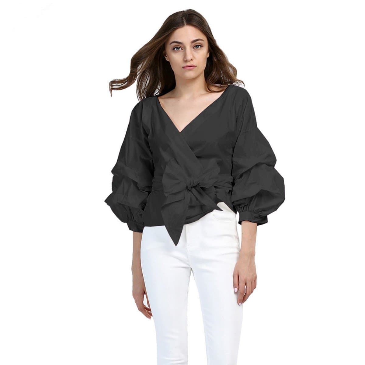 AOMEI Women Spring Summer Blouses with Puff Sleeve Sashes Shirts Tops