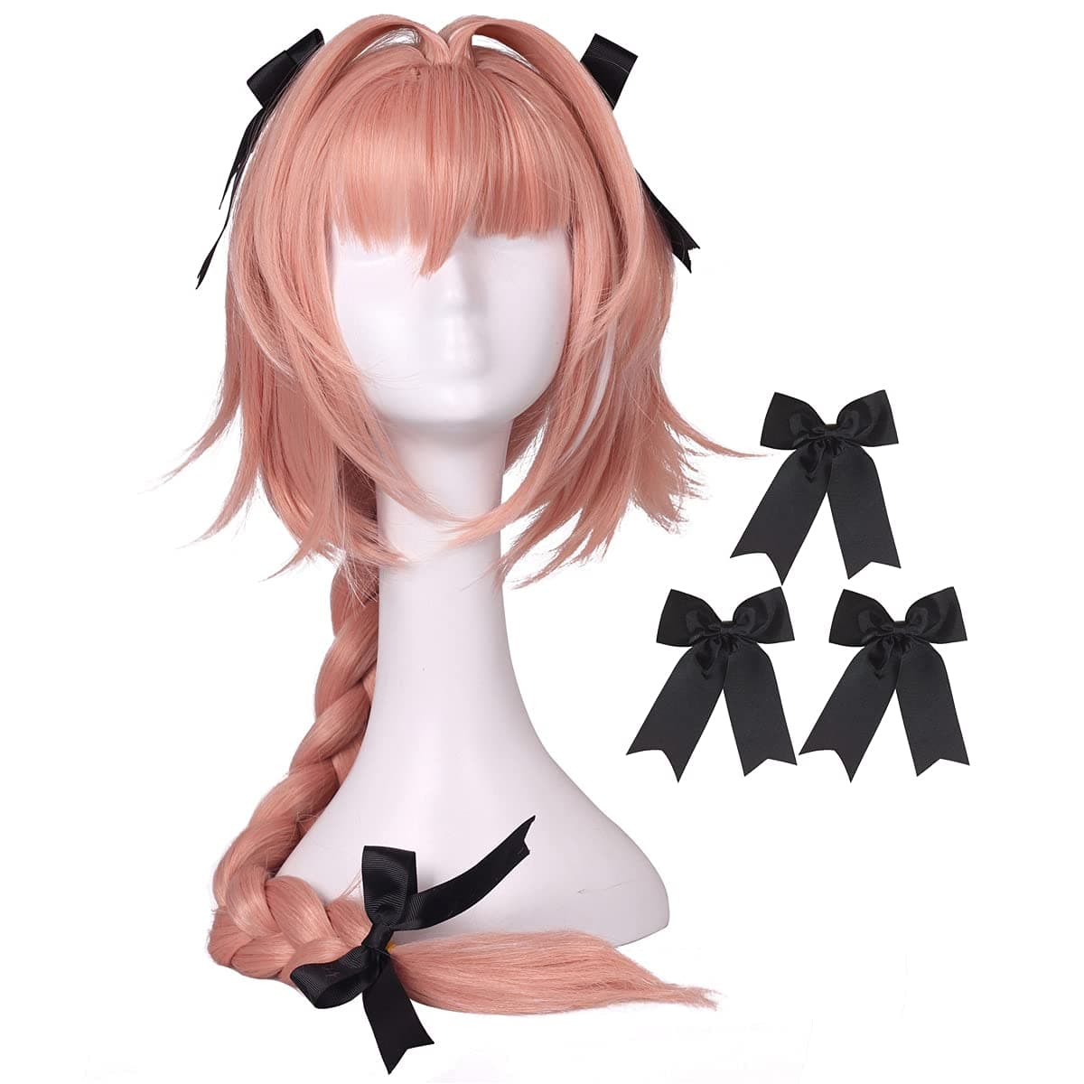 Long Braided Prestyled Pink with White Cosplay Wig and 3 Black Bowknot