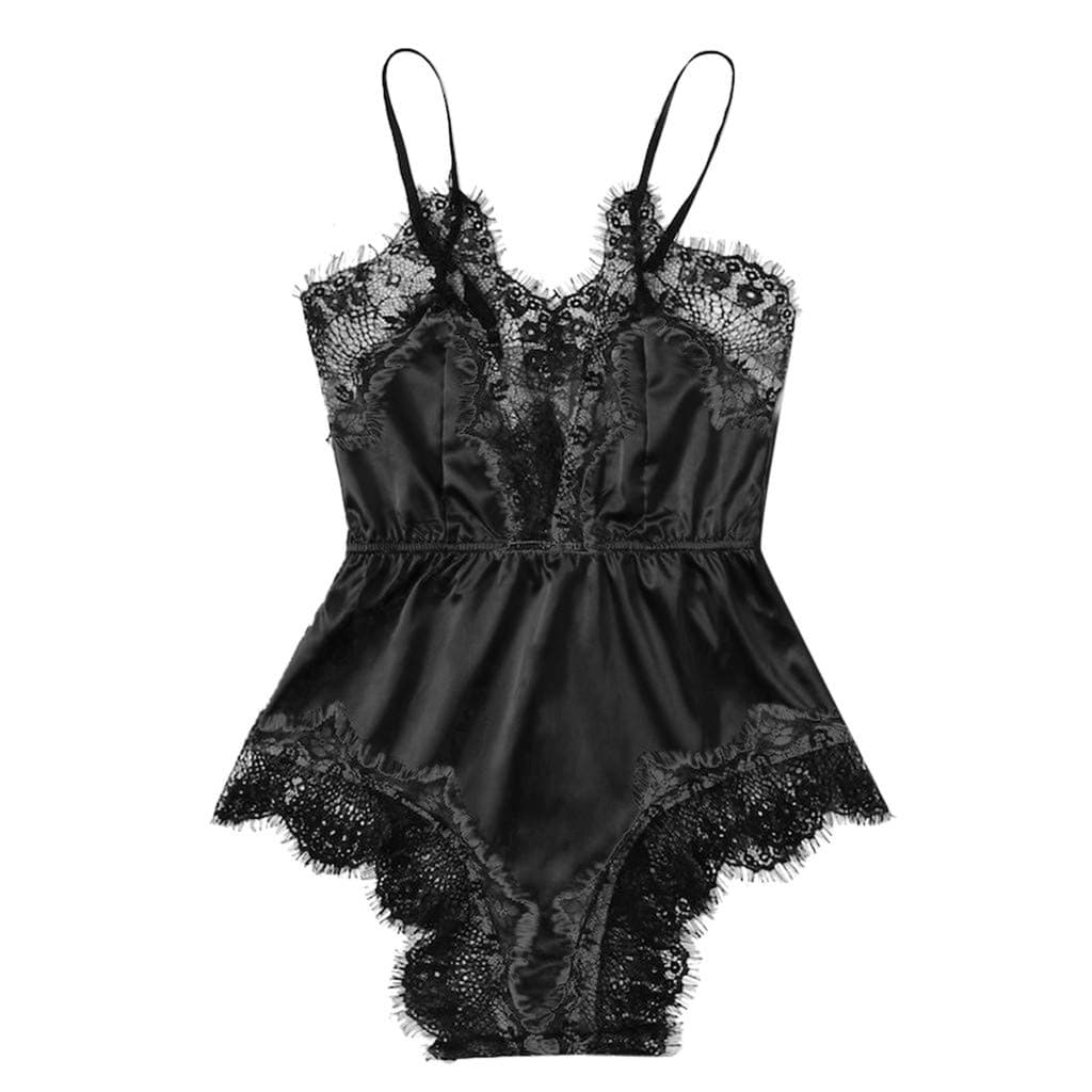 Women Satin Sleepwear Lace Bra Sexy Lingerie Underpant Siamese Bodysuit Babydoll