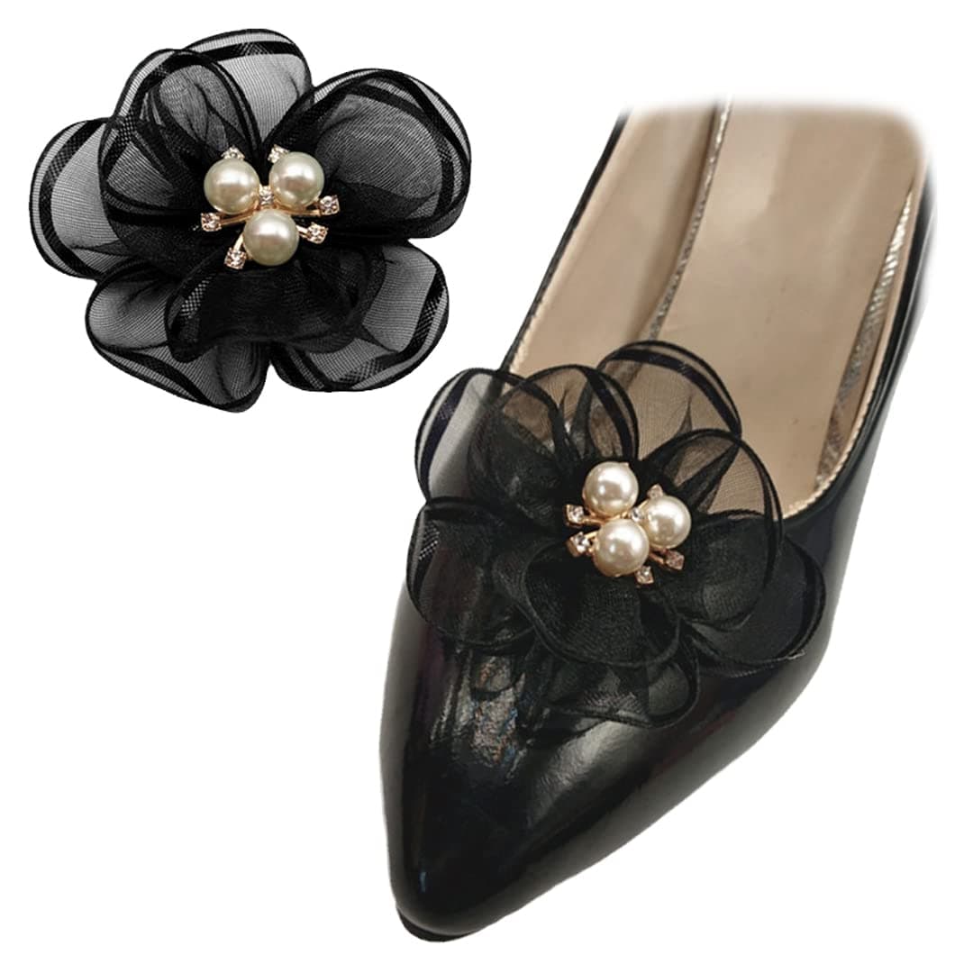 Tsangbaby 2 Pcs Pearl Flowers Shoe Clips Exquisite Rhinestone Shoes Charms Lace Floral Shoe Accessory for Wedding Pointed Toe Pumps