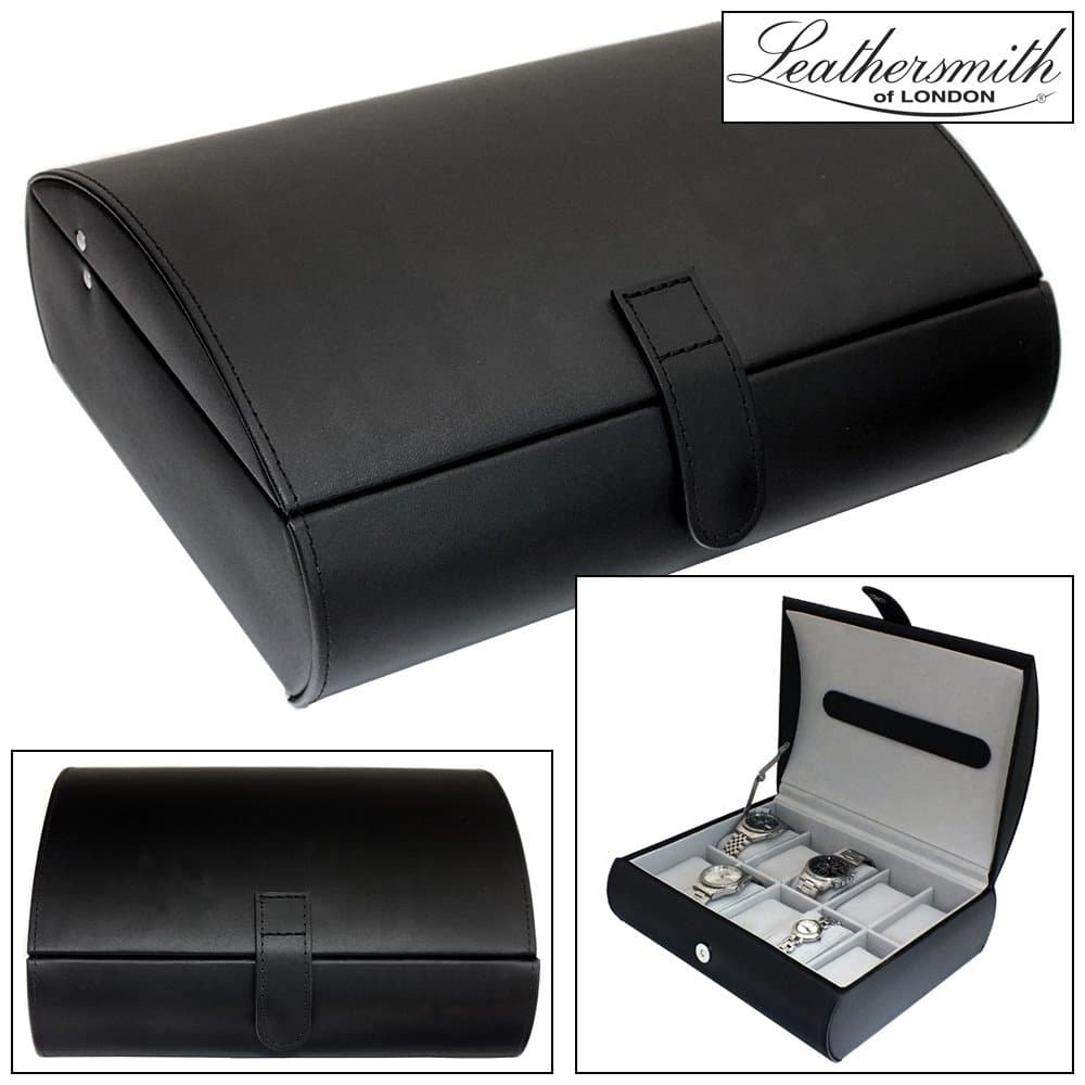 Leathersmith of London Gents Luxury Genuine Black Bonded Leather 10 Watch Storage Case Organiser Box