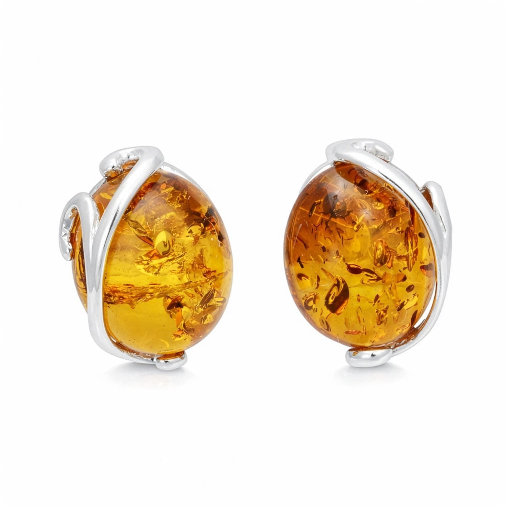 Genuine Baltic Honey Amber Stud Earrings for Women – 925 Sterling Silver Oval Cabochon Post Earrings, Natural Amber Jewelry with Certificate of Authenticity