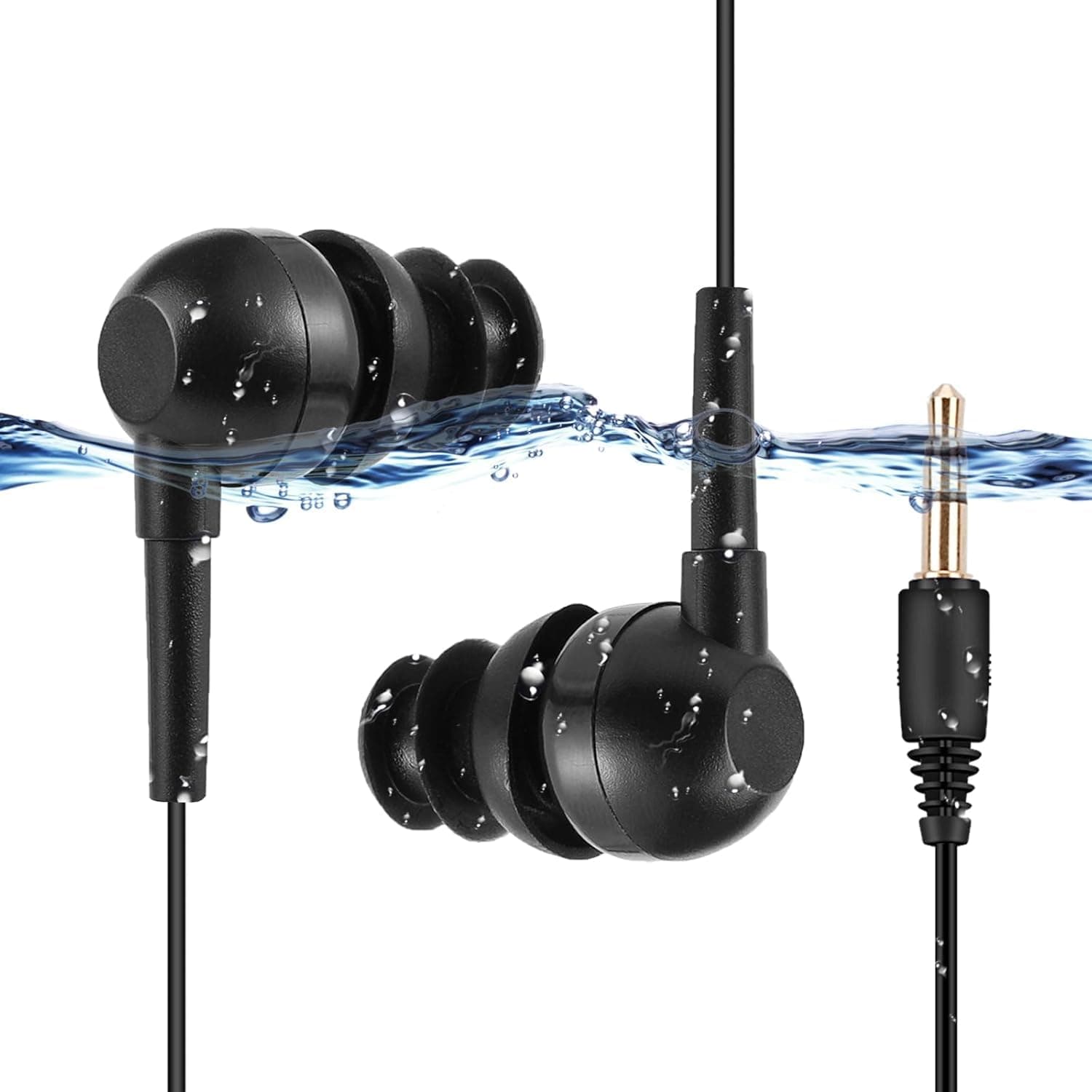 AGPTEK IPX8 Waterproof in-Ear Earphones, Coiled Cable Swimming Earbuds with Stereo Audio Extension Cable, Wired,Black