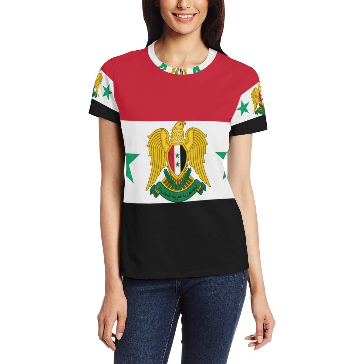 Short Sleeve Round Neck T-Shirt Casual Blouse Womens Syrian Flag National Emblem