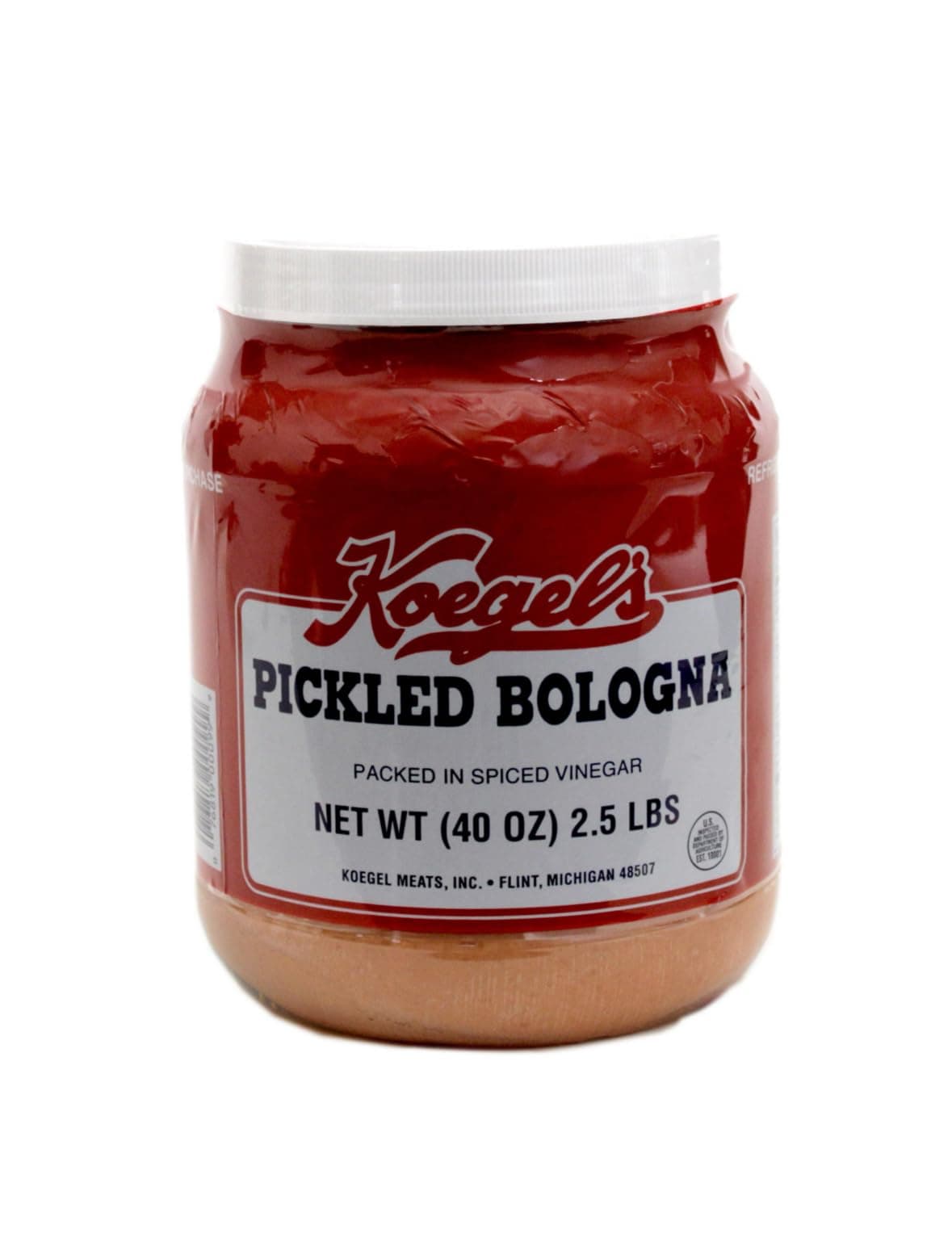 Koegels pickled bologna packed in spiced vinegar, 40-oz plastic jar, refrigerate after opening