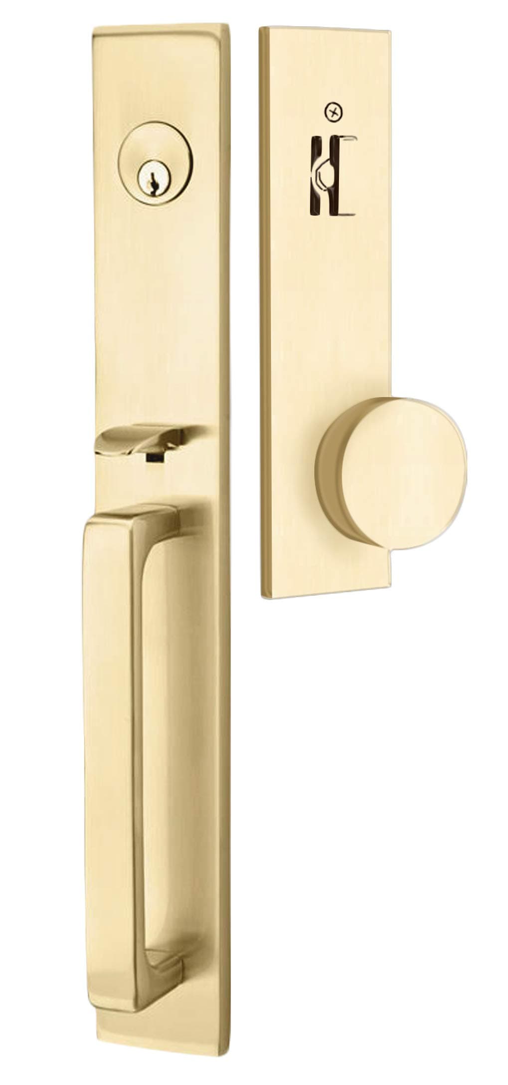 Emtek Contemporary Tubular Entry Set: Lausanne Style with Round KNOB on The Interior Side. 2 Backset Sizes Included 2-3/8 in. and 2-3/4 in. Color: Satin Brass, Model: 4819-US4