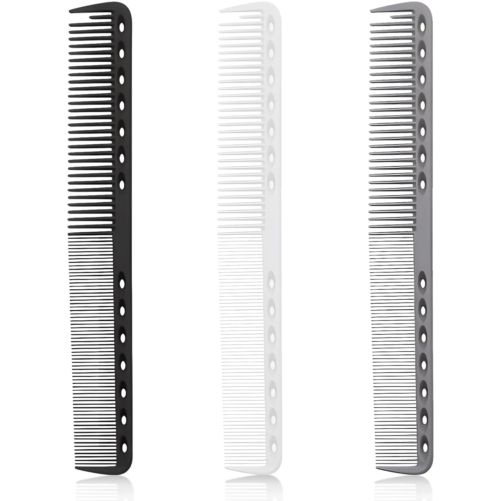 3-Piece Carbon Fiber Salon Hairdressing Comb Set - Fine Cutting Comb for Men & Women - Heat Resistant - Black, Grey, White