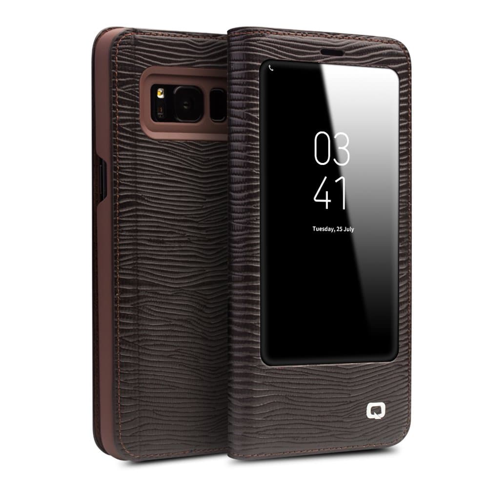 Genuine Leather Samsung Galaxy S8 Plus Case Luxury Slim Thin Window Sleeve Cover for Samsung S8+, Brown