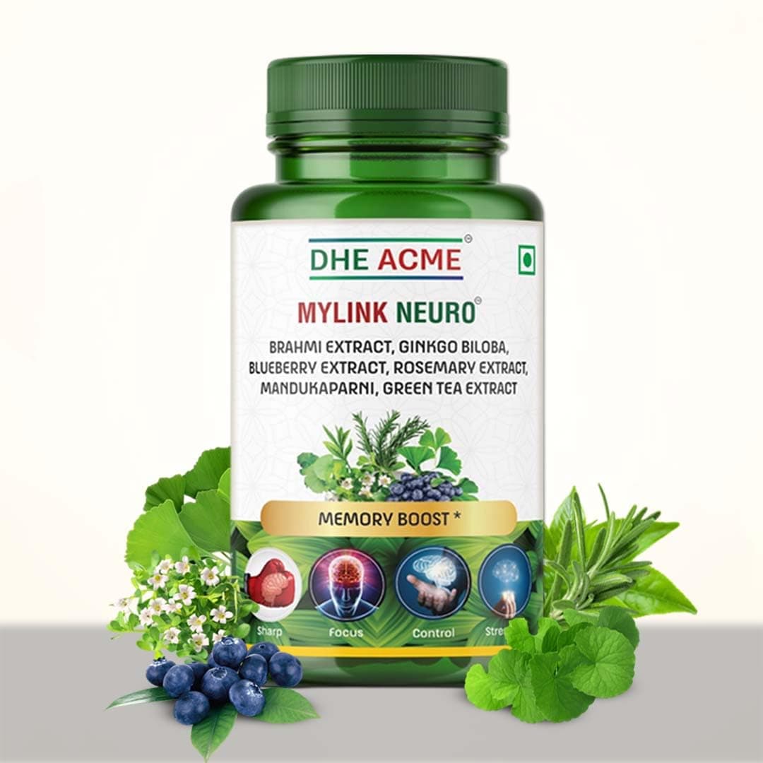 DHE-ACME™ MYLINK NEURO™ Memory Boost Tablets - Brain Support with Brahmi, Ginkgo Biloba, Blueberry, Rosemary, Mandukaparni & Green Tea - Focus, Clarity & Cognitive Function - 60 Capsules