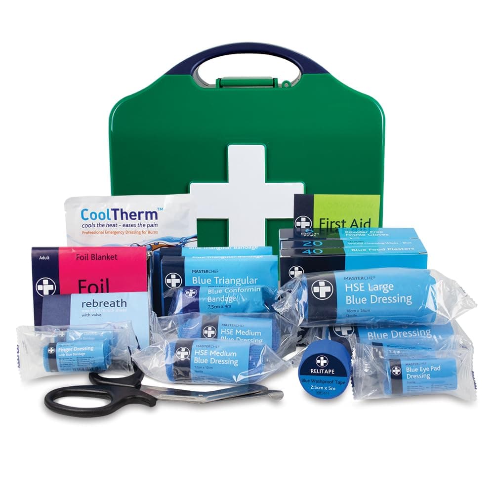 Reliance Medical HSE Compliant Small Catering First Aid Kit - Integral Aura Box for Up to 25 Employees, Ideal for Low-Risk Catering Environments, First Aid Kit With Bandage, Dressing, Foil