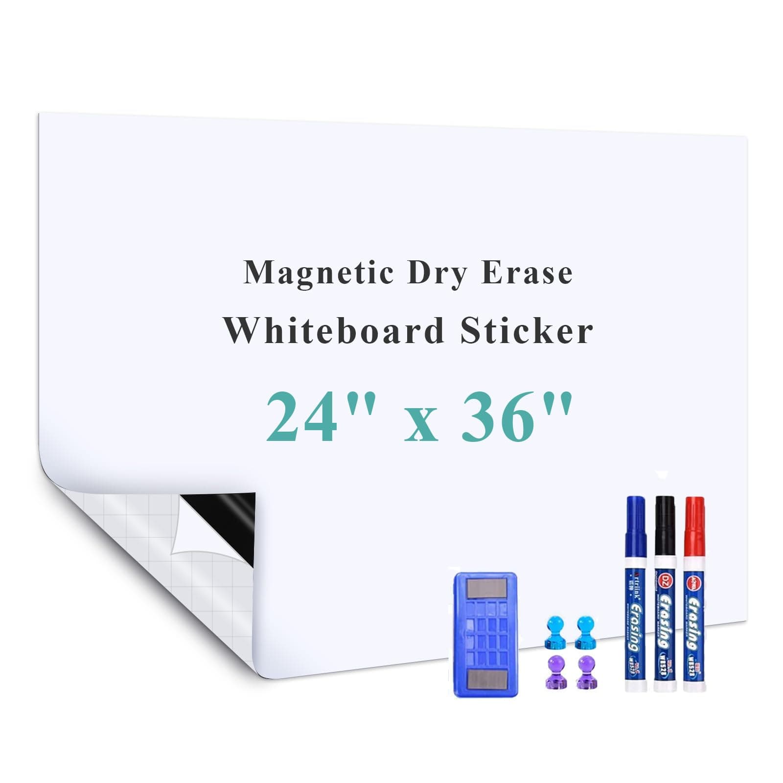 White Board Adhesive Contact Paper, 24" x 36" Stick on Magnetic Whiteboard Roll, Dry Erase Board for Wall, Easy to Write and Clean Magnetic Board for Kids, Office, Home, with Marker, Eraser