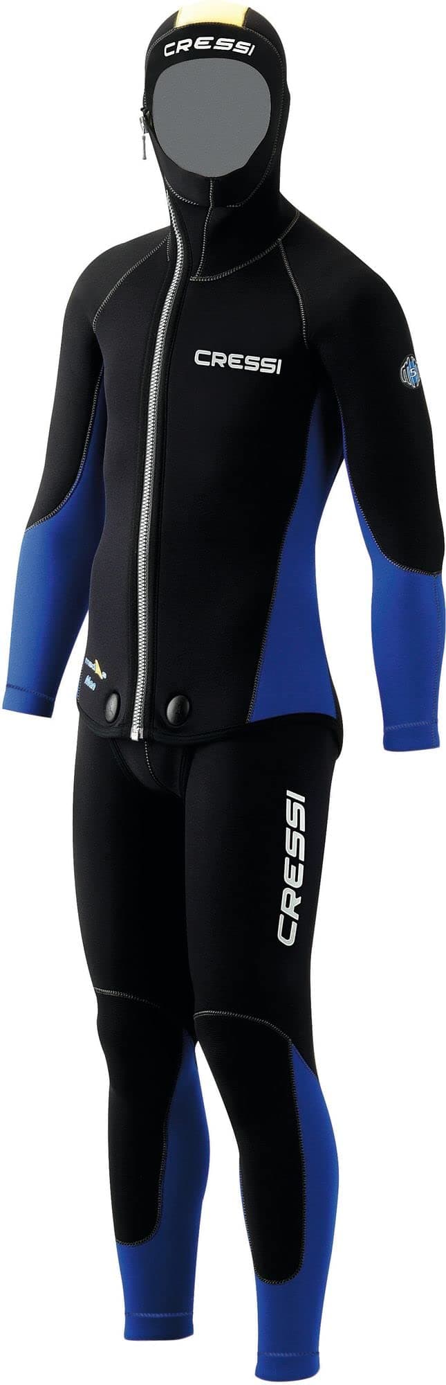 – CRESSI Medas Man 2 Piece Wetsuit 5mm - Complete Wetsuit Men's Diving Suit 5mm Neoprene made up of Jacket with Incorporated Hood and Dungaree Pants, Black/Blue