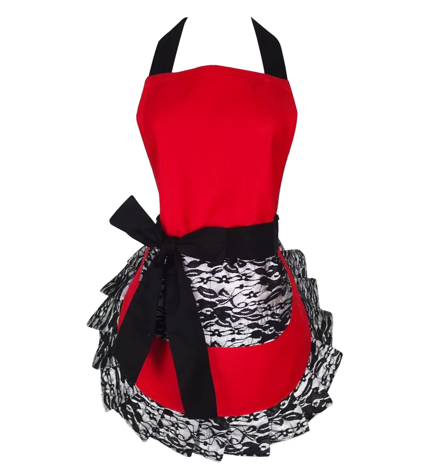Black Lace Flirty Apron with Pocket, Fun Retro Sexy Cooking Pinup Aprons for Women Girls