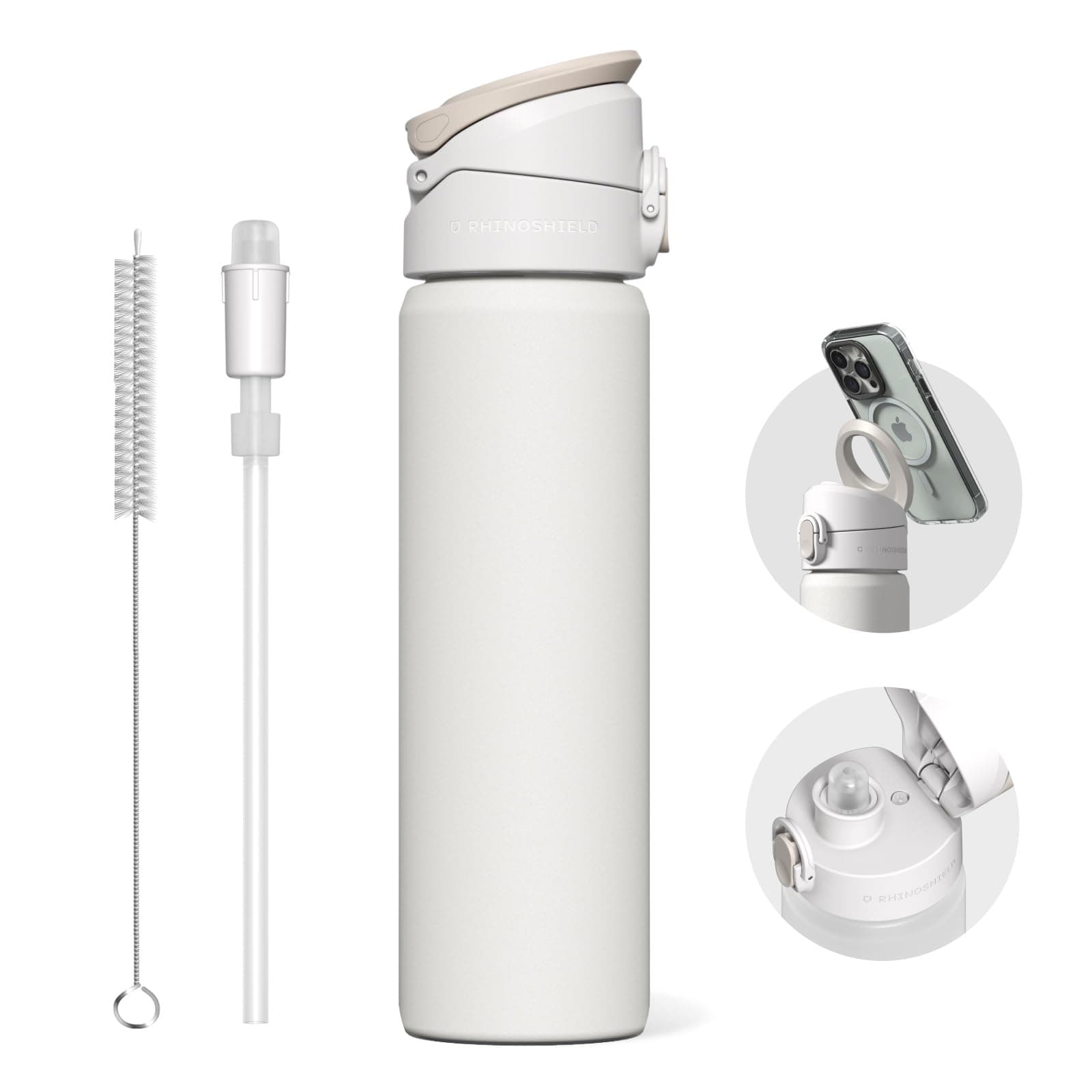RHINOSHIELD AquaStand Magnetic Bottle 23 oz | Stainless Steel Insulated Water Bottle with Straw Lid, Sport Bottle with MagSafe Compatible Handle, Tripod with Adjustable Angles, Leak Proof - White