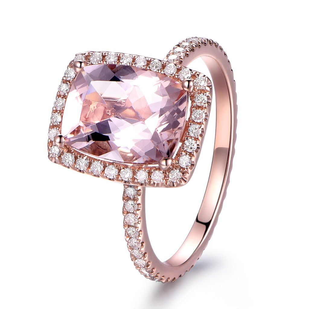 7×9mm Cushion Cut Natural Pink Morganite Engagement Ring HALO Diamond Ring 14K Rose Gold Size 4-9