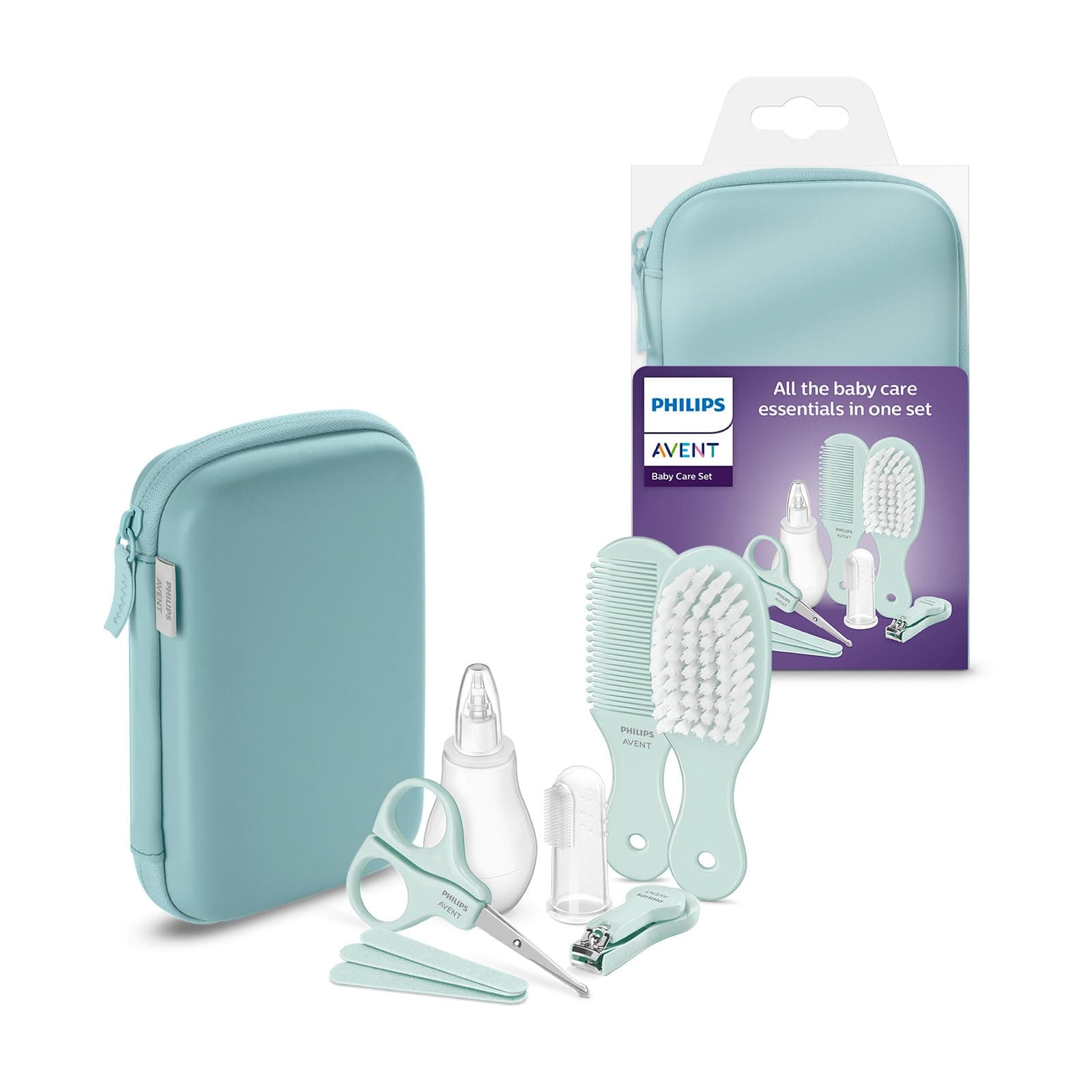 Avent Baby Care Set - Essential Baby Care Set with 9 Accessories, Nail Clipper, Scissors, 3 Emery Boards, Bomb, Hairbrush, Nasal Aspirator and Finger Toothbrush (Model SCH401/00)