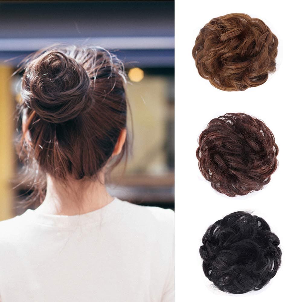 Xiaoliangyiyz 100% Human Hair Bun Messy Hair Scrunchies Curly Updo Chignons Hairpieces Extensions for Women and Kids (2# Dark Brown)