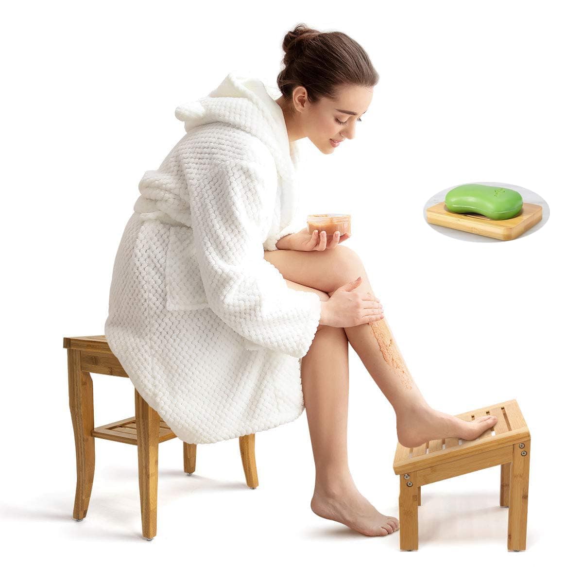 Bamboo Shower Bench with Foot Stool, 2-Tier Wood Spa Bath Organizer Seat with Underneath Storage Shelf, Wooden Bath Chair for Inside Shower, Small Bathroom Stool with Free Soap Dish