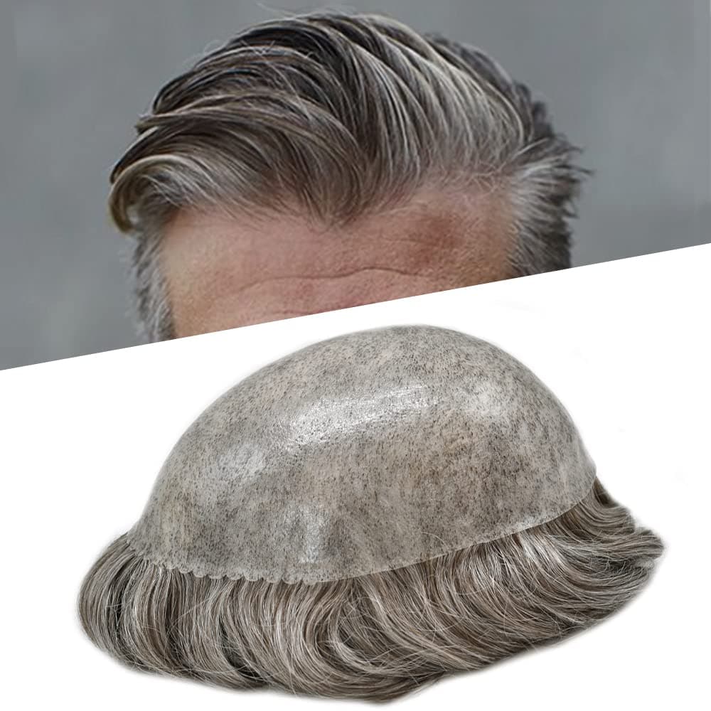 LOVIN HAIR Toupee For Men Human Hair Piece Replacement Systems Full Injected Pu Mens Toupee Durable Thin Skin Pu Hair System for men 7x9" #580 Light-Med Brown+80% Gray-120% Medium Light to Medium